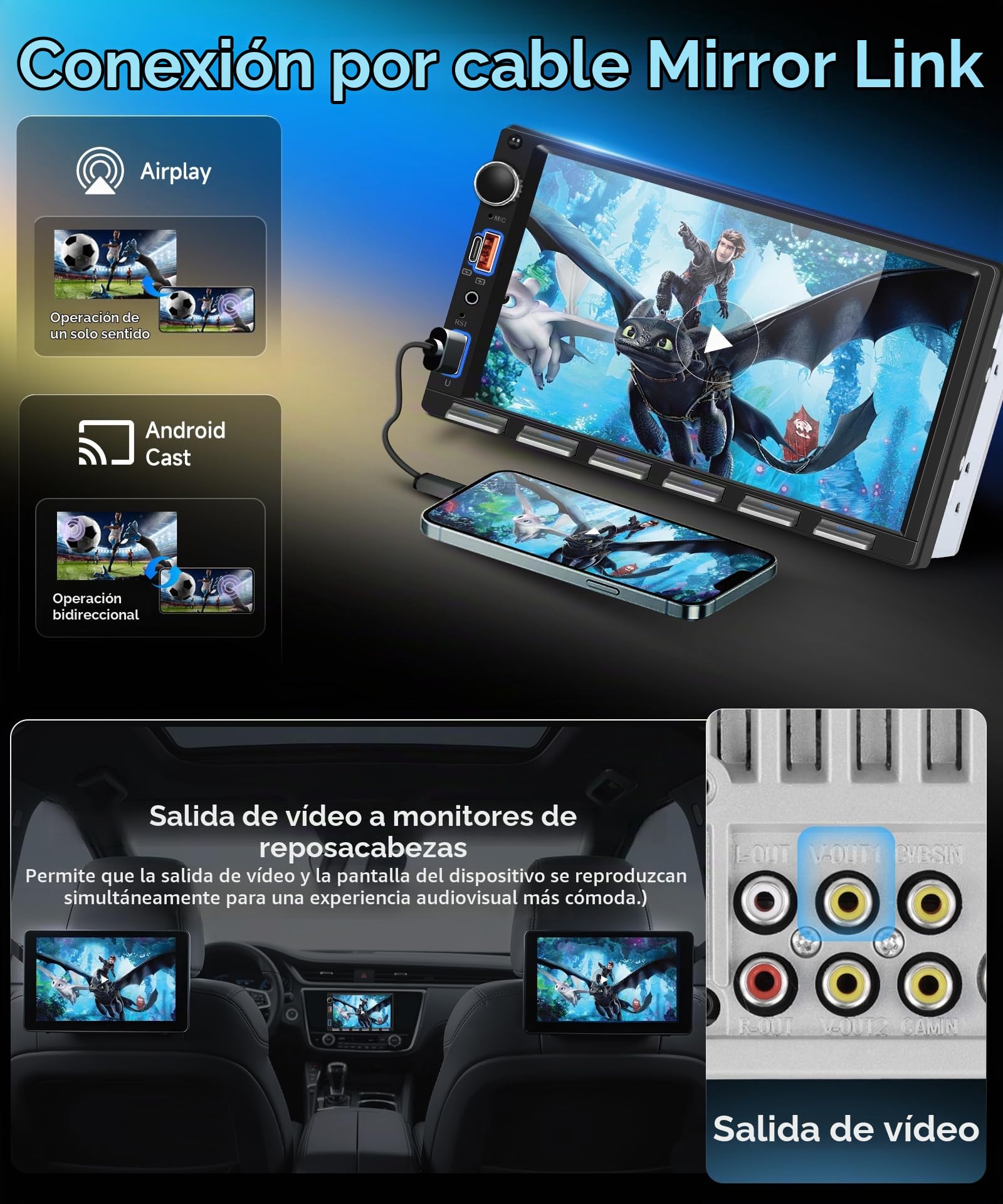 VECHTEL 7" Radio de Coche 2 DIN con carplay inalámbrico Android Auto, Radio FM con Blurtooth,navegación GPS, 2 USB/SD/AUX, vídeo Online,Mirror Link,con cámara de Marcha atrás/Teclas de Piano