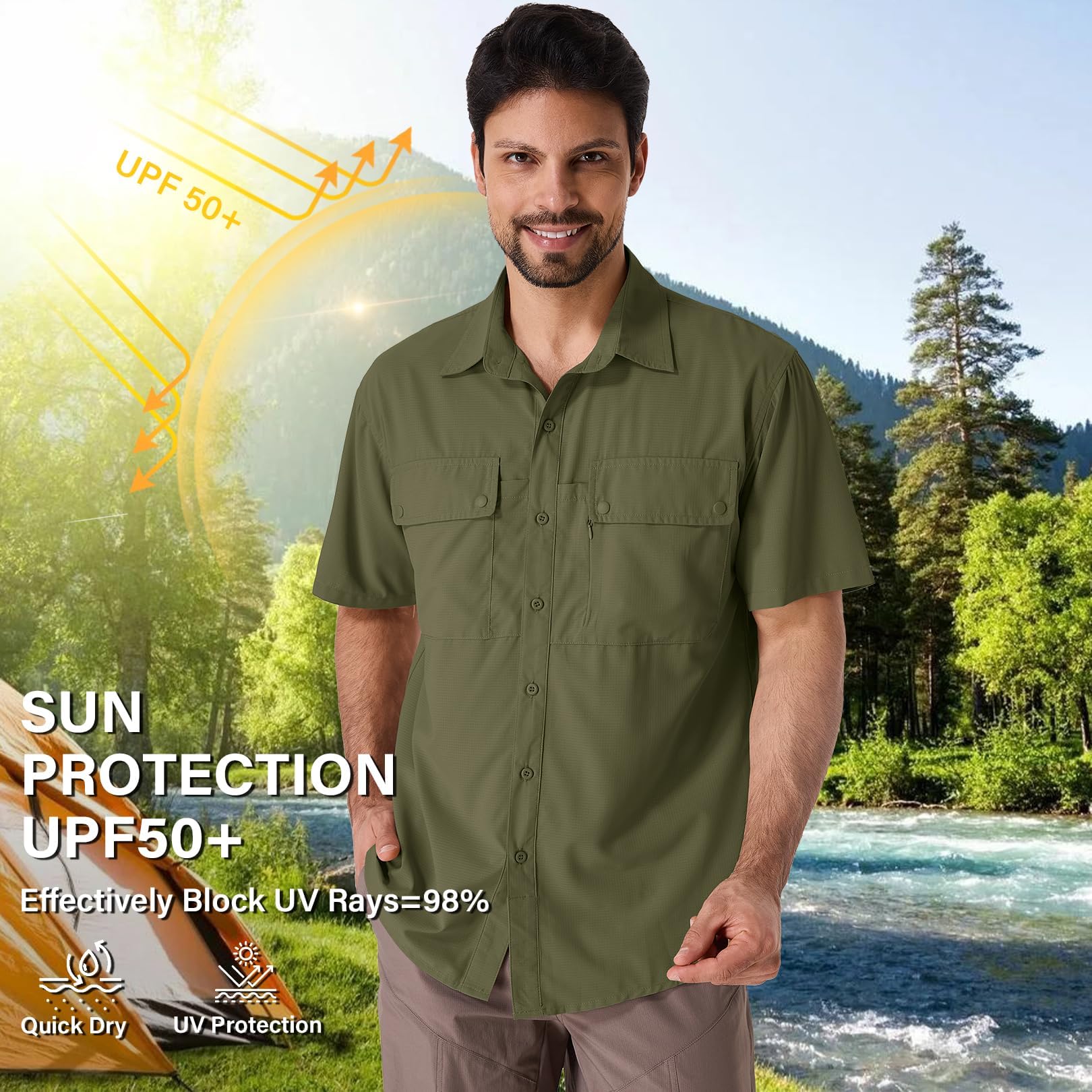 Hemd Herren Kurzarm Safari UPF50+ UV Schutz Wanderhemd Herren Funktionshemd Outdoorhemd Atmungsaktiv Schnelltrocknend Hemd