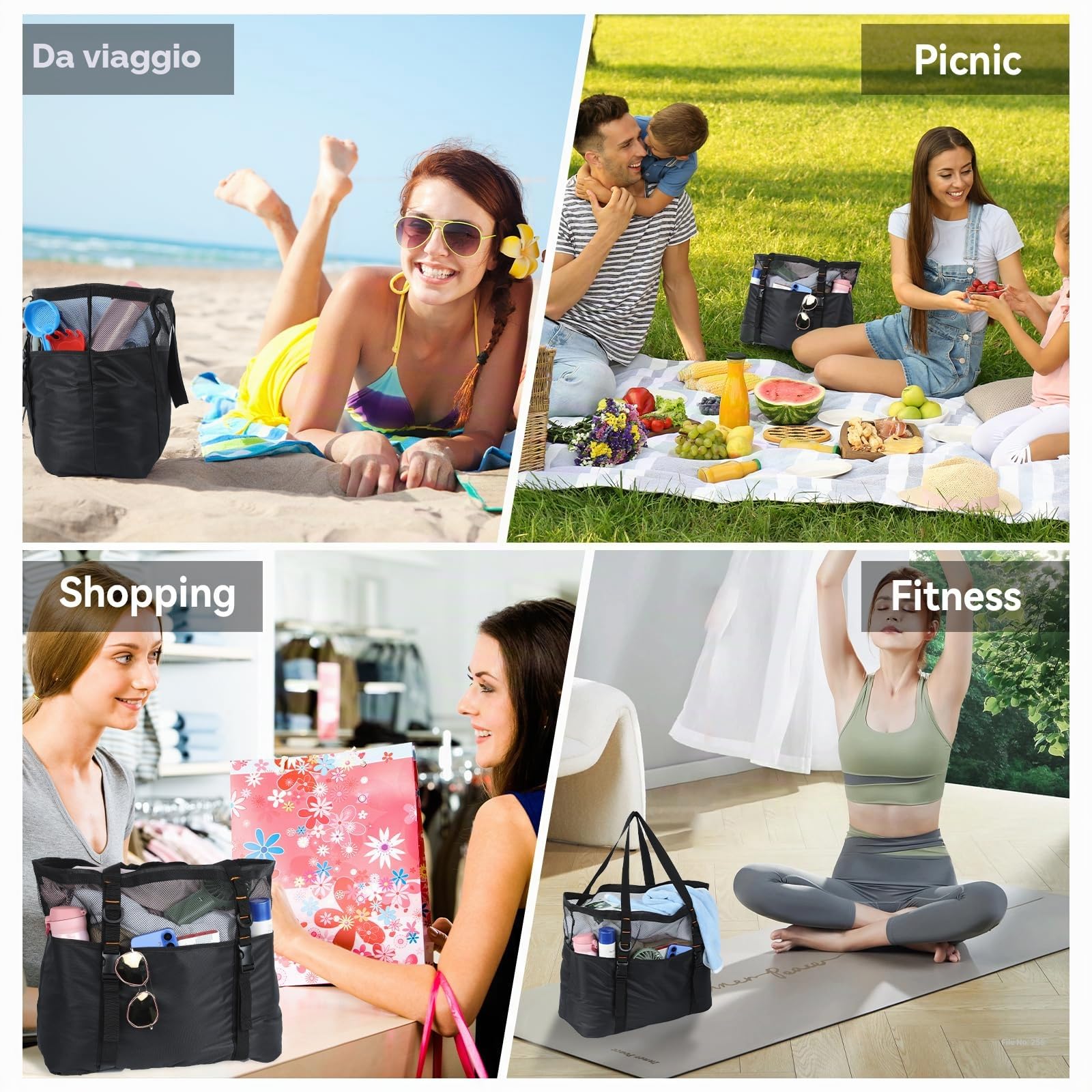 Cozary Borsa Mare Grande 40L, Borsa da Spiaggia Impermeabile con Rete Traforata & Cerniera sul Fondo per la Sabbia - Pieghevole, 6+1 Tasche per Piscina, Viaggi, Sport