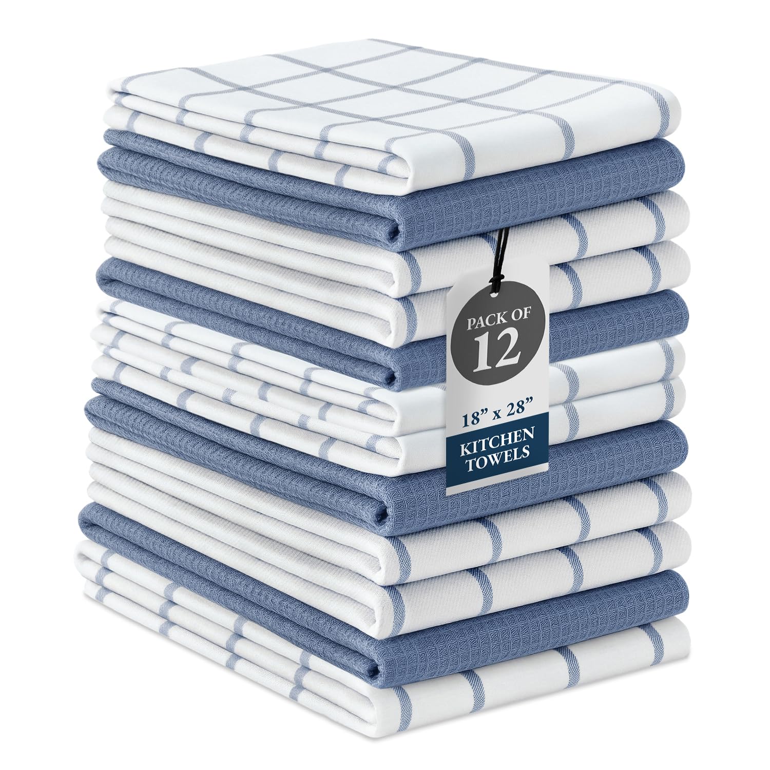 LANE LINEN Kitchen Towels Set – Pack of 12 Dish Cloths, 100% Cotton Absorbent Tea Towels 18” x 28” Quick-Drying & Soft Cleaning Kitchen Towel - Indigo