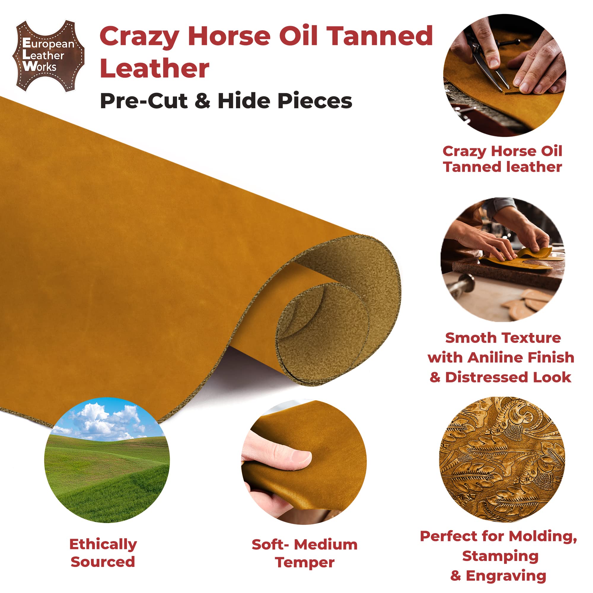 Amazon.com: ELW Crazy Horse Leather 5-6 OZ (2-2.4mm) | Tobacco Brown |  Pre-Cut 24