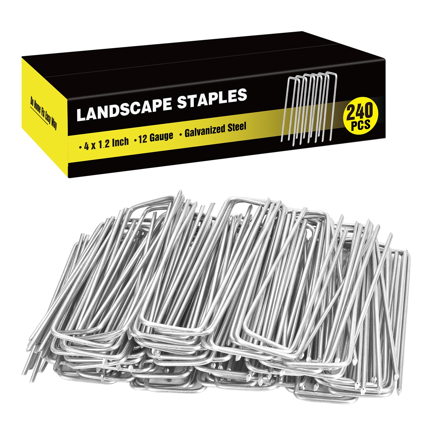 HongWay 240 Pack Landscape Staples 4 Inch, Galvanized Garden Stakes | 12 Gauge Ground Sta…