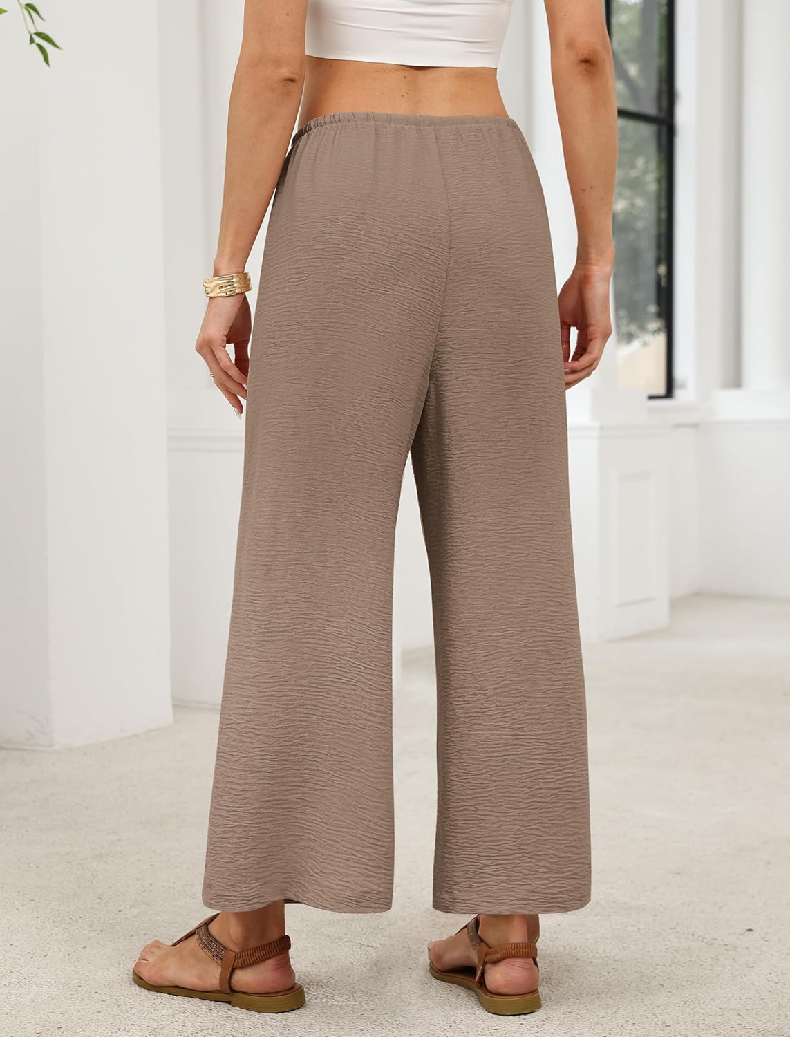 Sampeel Wide Leg Pants Women Casual Palazzo Drawstring Elastic Waist Trousers with Pockets Summer Beach Vacation Clothes