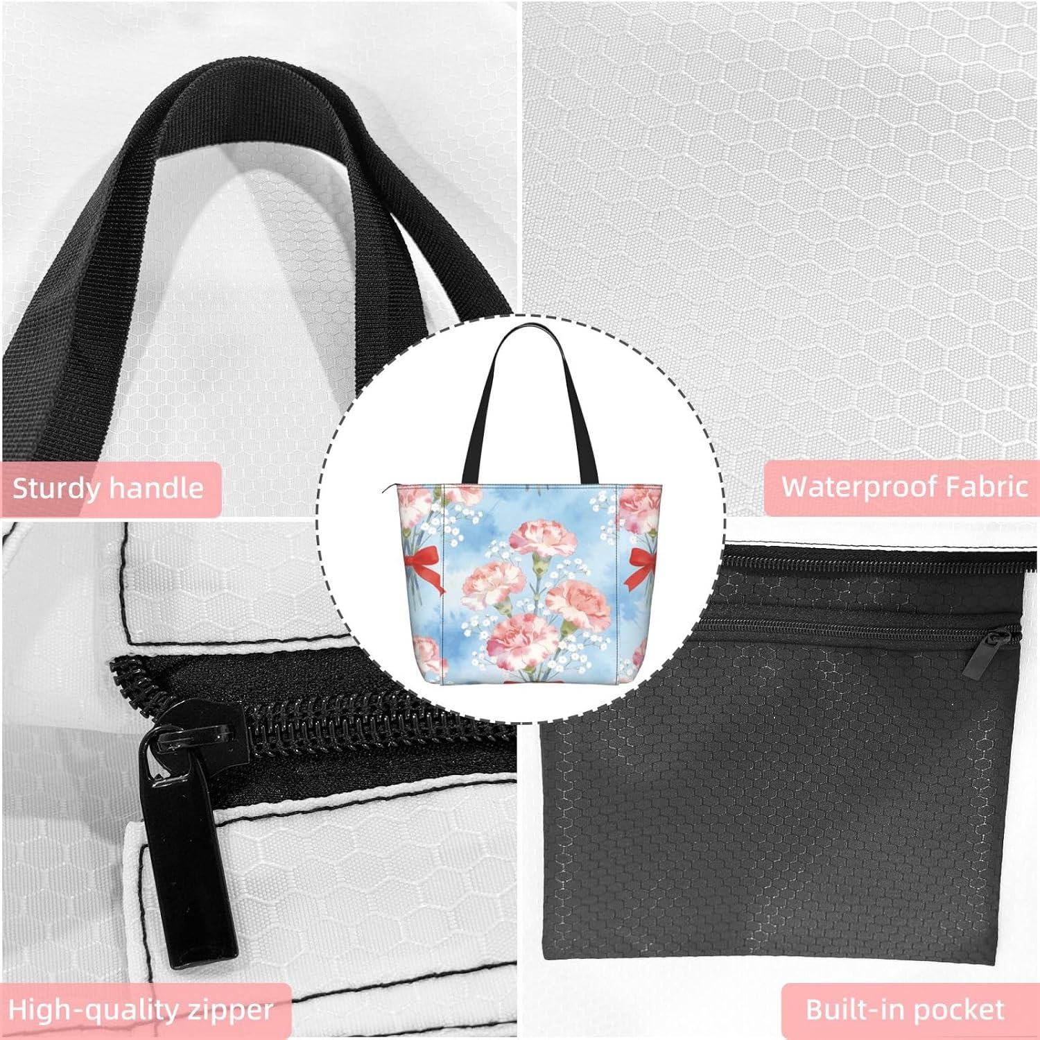 Pink Carnations with Red Bows Print Yoga Tote Bag with Mat Holder for Women image 5