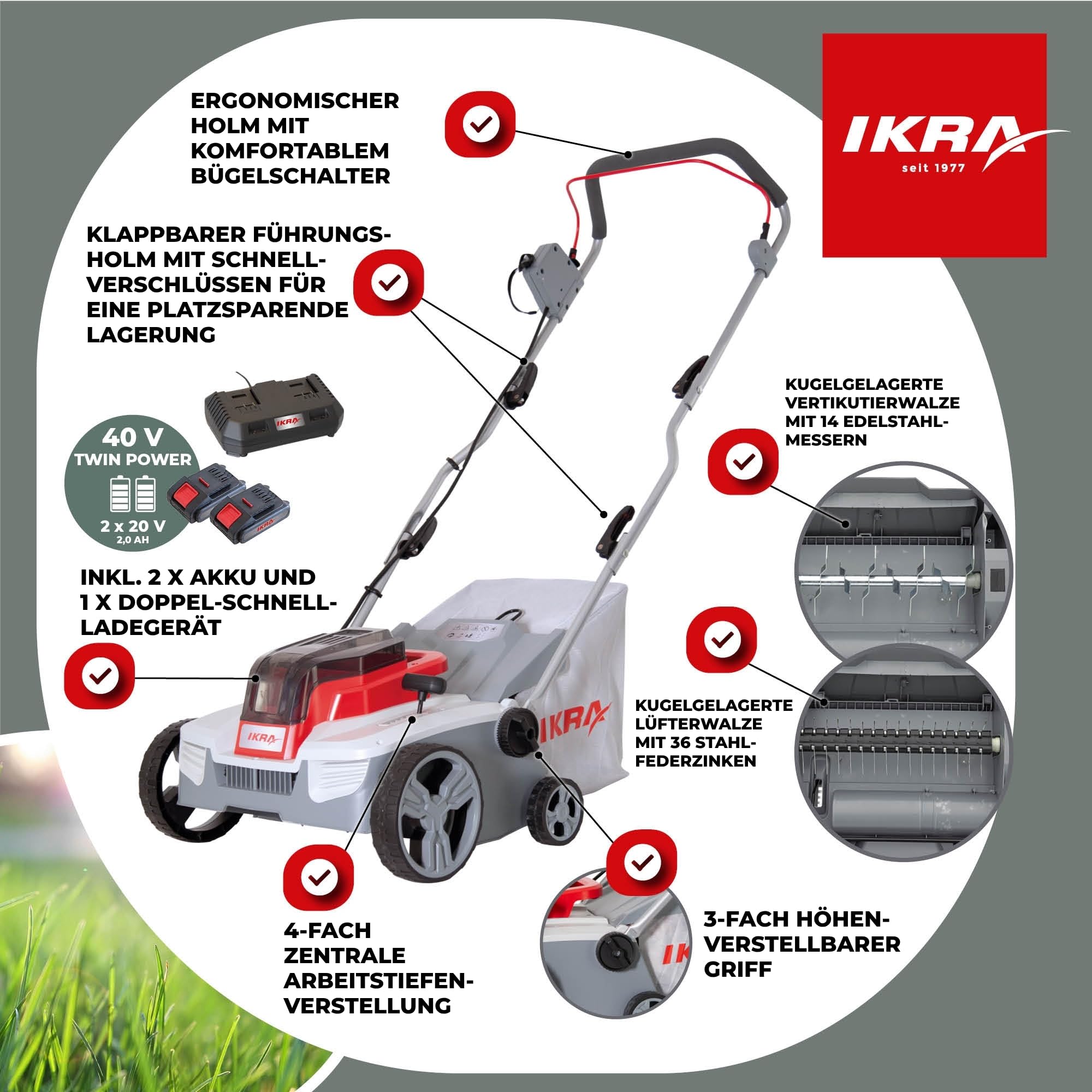 IKRA Akku Vertikutierer Rasenlüfter 3in1 IAVL 2-2032, Arbeitsbreite 32cm | Inkl. 2x Akku 20V 2,0Ah & Schnelllader, Fangkorb 30l, +3 bis -9mm, werkzeugloser Walzenwechsel, 20V-Akku-Familie von IKRA