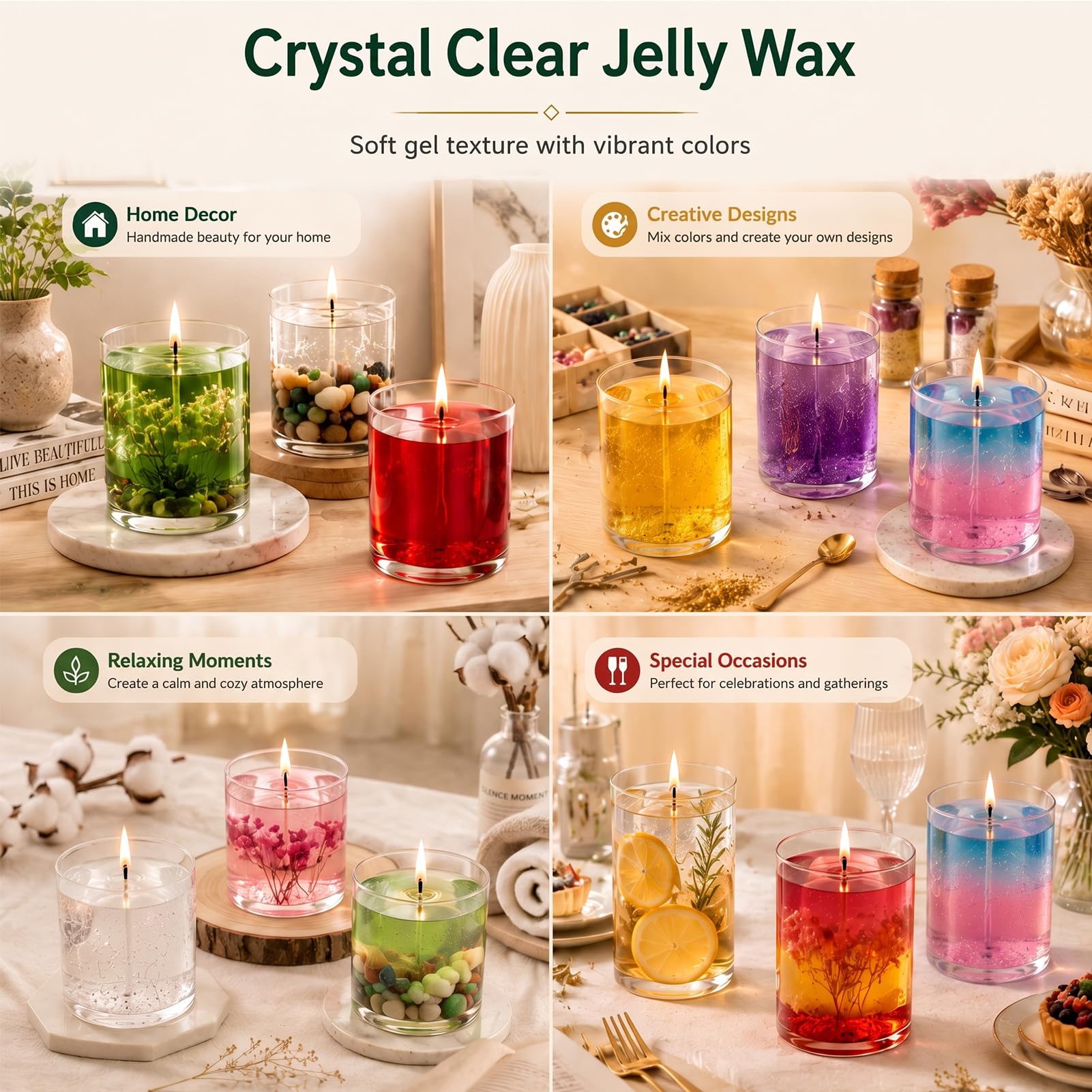 Kit de fabrication de bougies en gelée,9pcs Gel Wax -7 Colors Candle Making Kit，Includes Wax Wicks Wick Stickers，Wooden Wick Holders and More，DIY Starter Candle Making Kit 2.8LB/45oz