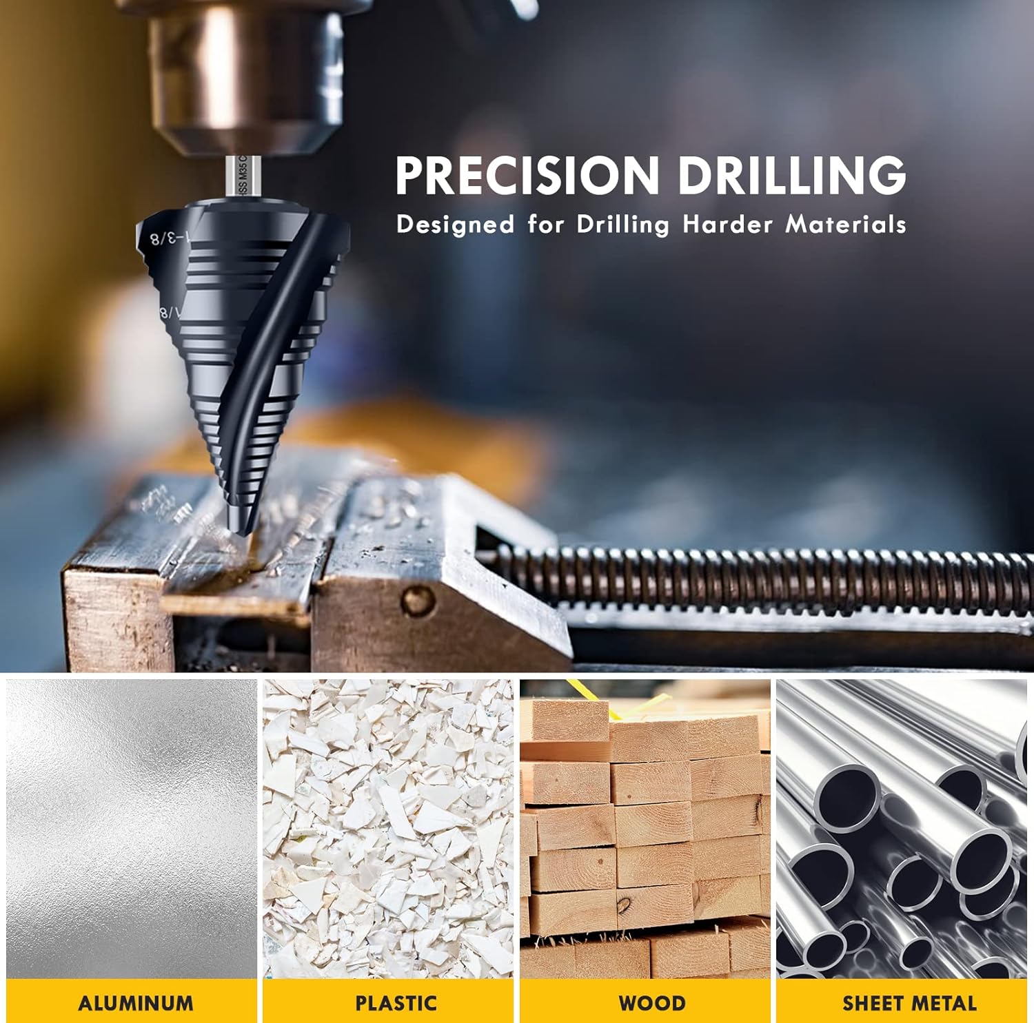Four Sprial Flute M35 Cobalt Step Drill Bit, 1/4"-1-3/8" Ultra TiAIN Coated Unibit Step Bit, 1/4" Hex Shank Drill Bit for Metal, Stainless Steel, Aluminum, Copper, Wood, PVC