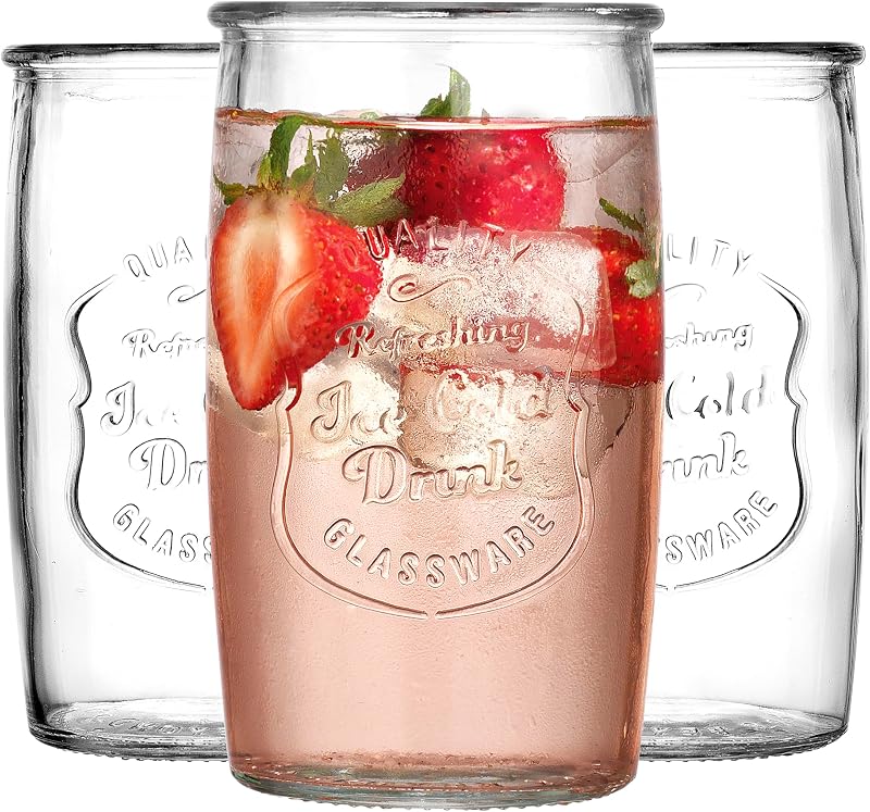 Set of 8 Highball Glass Cups 20 OZ Stemless Tall Drinking Glasses For Everyday Use, Vintage Ice Cold Logo Tumbler Glassware for Bar, Juice, Cocktails, Beer, Water glasses.