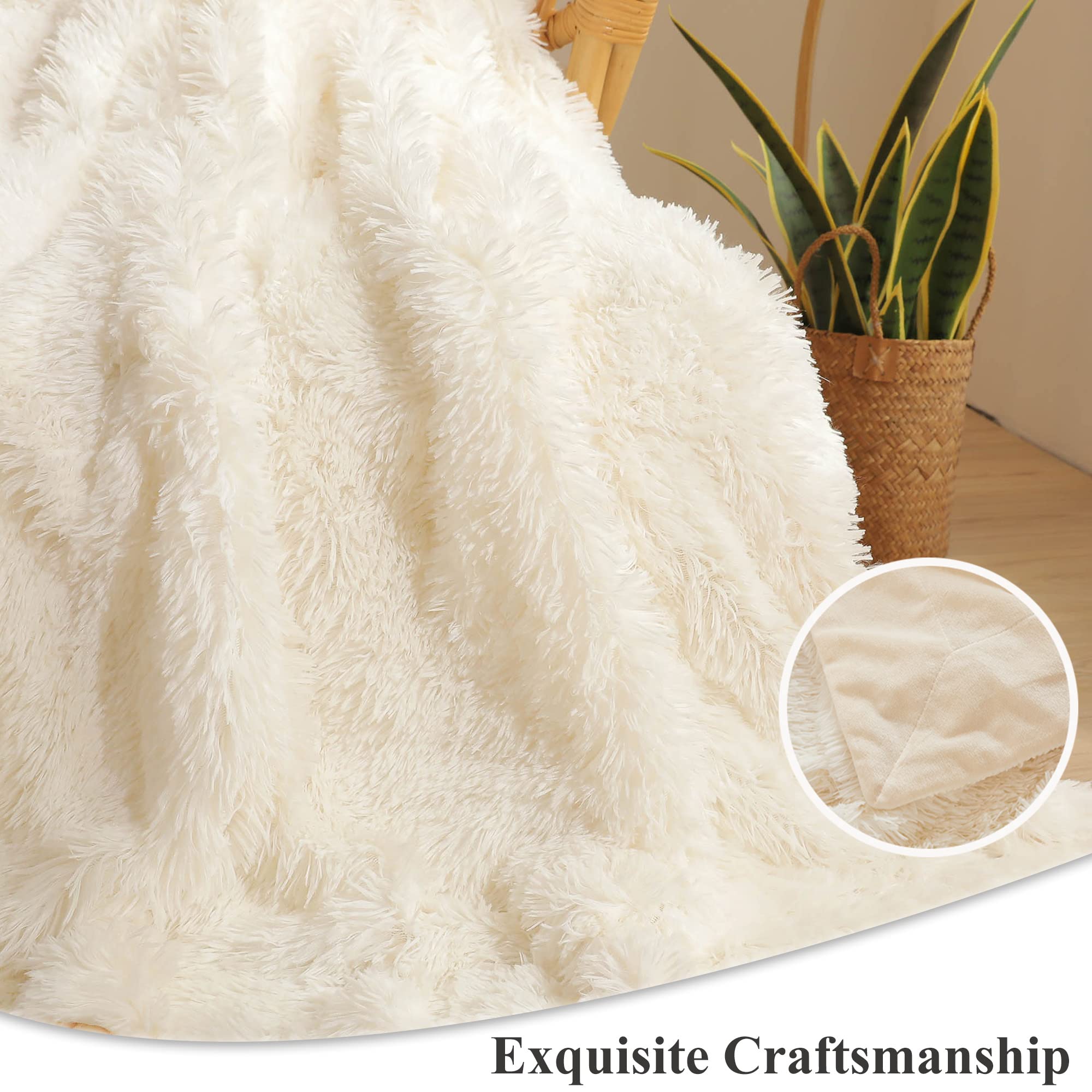 XeGe Luxury Faux Fur Blanket, Beige Soft Big Fluffy Throw, Shaggy Plush Decorative Couch Blanket Ivory - Image 4