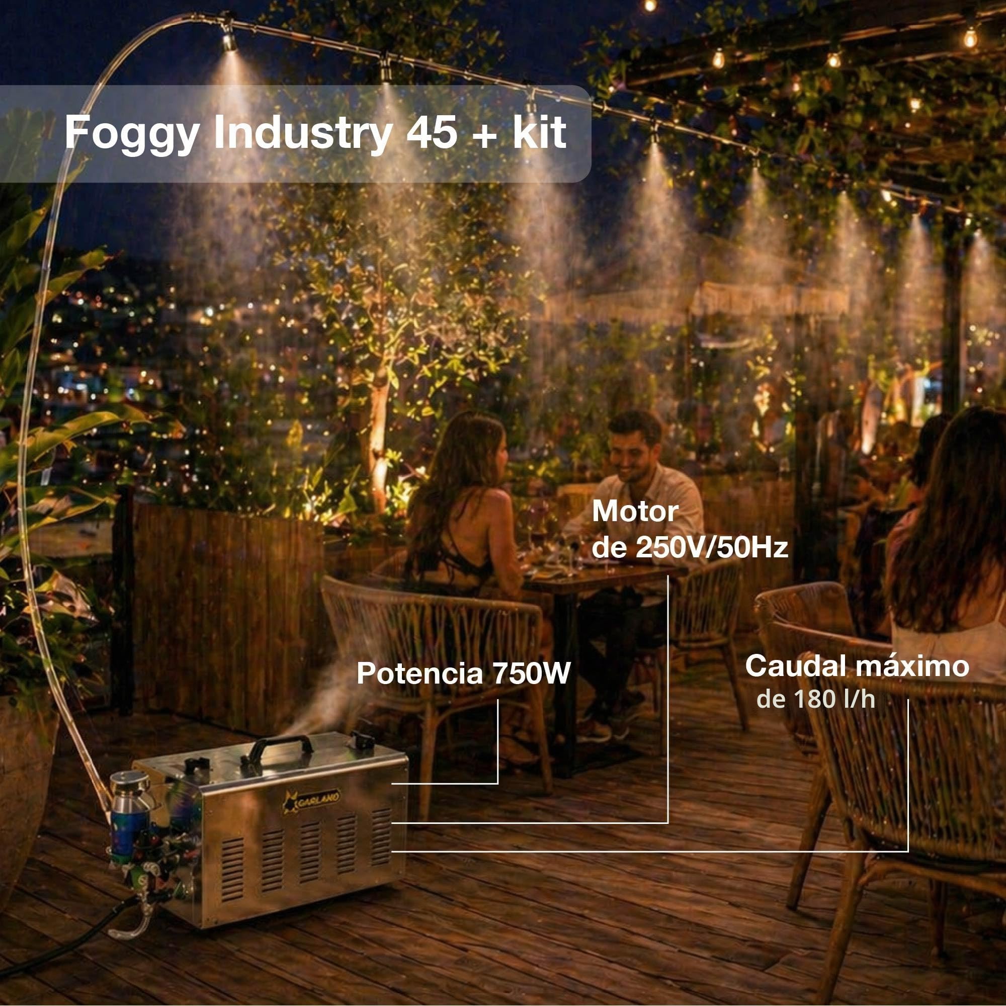 FOGGY INDUSTRY 45 + KIT Nebulizador profesional 300 m² 60 bar | 45 difusores • Programación digital • Cobertura hasta 300 m² • Refrigeración hasta -12 °C • Kit incluido