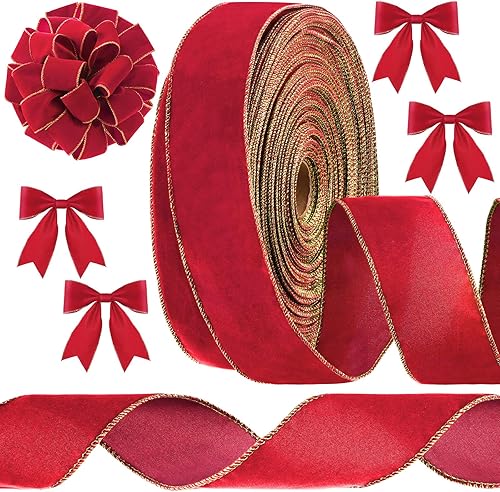 Cinta de terciopelo de Navidad de 100 yardas de ancho de 2.5 pulgadas de ancho, cinta de Navidad para exteriores con ribete dorado, impermeable,
