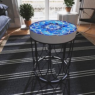 Purple Bamboo Moroccan Blue Tiles Accent Table • Farmhouse Style Round End Table Outdoor Side Table 14in Dia 17in High Wood and Metal Construction