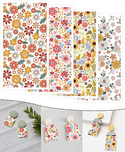 Puocaon Papel de transferencia floral de arcilla polimérica, 4 diseños, 20 piezas de papel de transferencia de arcilla para joyas de arcilla