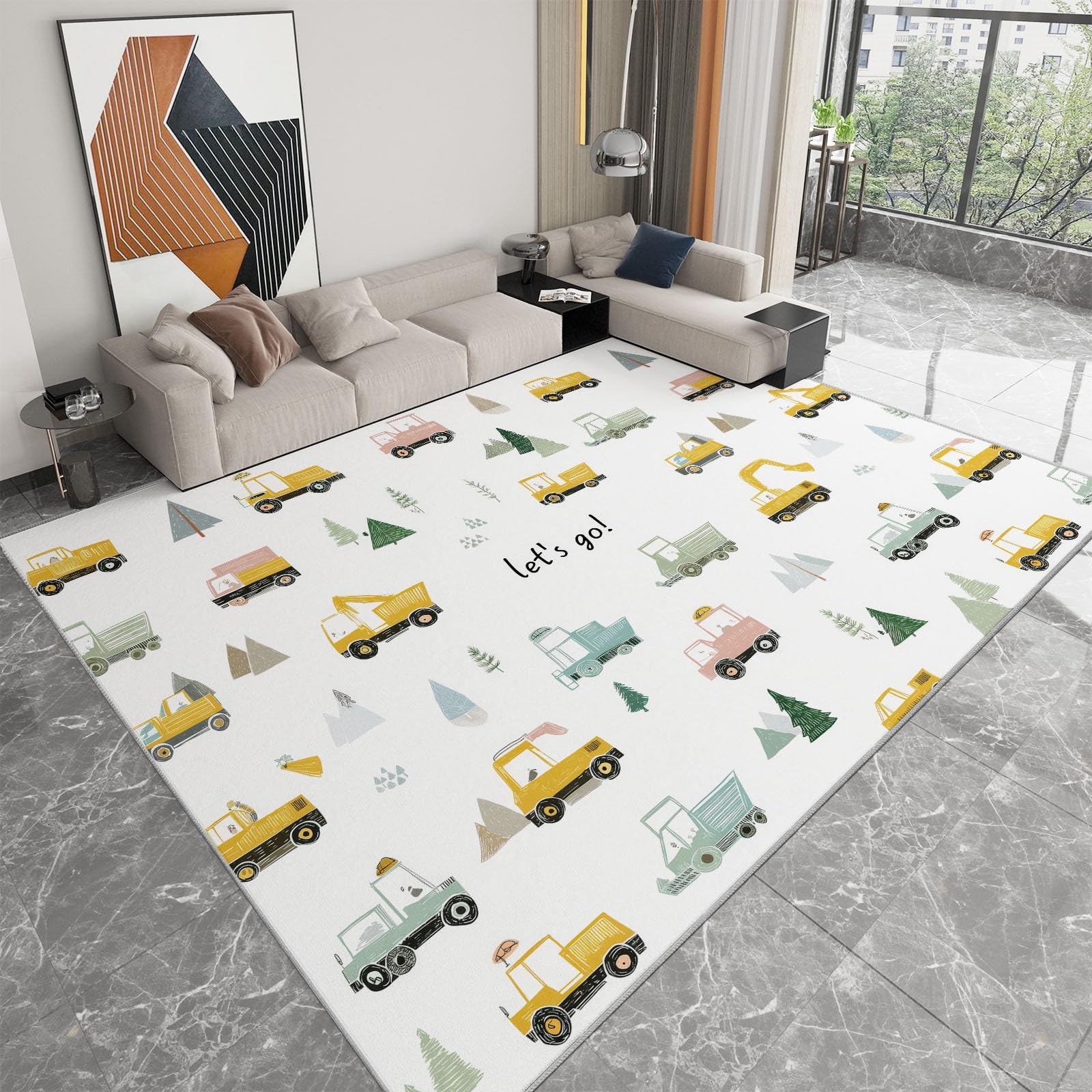Tappeto Lavabile 80 x 150 cm Cartone Animato Veicolo Costruzione Alberi, Tappeto Antiscivolo Pelo Corto Bianco - Tappeti Antimacchia Resistente, Tappeti per Soggiorno Cameretta Bambini Animali