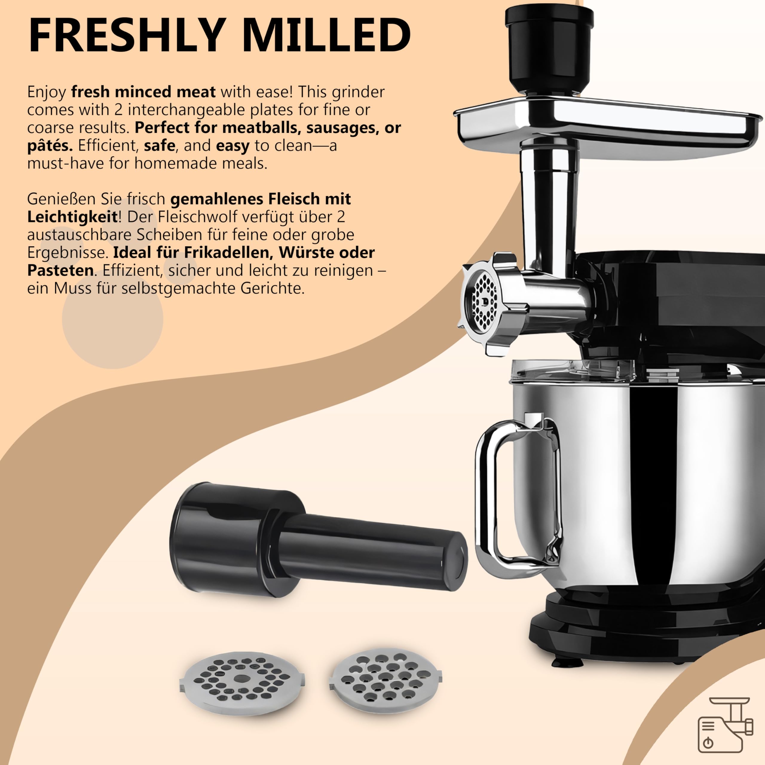 Retoo Robot da cucina 3 in 1 1500 W Large Stainless Steel Bowl 6L Meat Grinder Kneading Machine Multifunctional 6 speed settings 3 Mixing Tools Includes Splash Guard Lid Dough Hook and Whisk Versatile