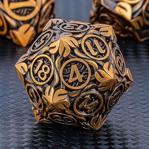 Miniatura 1 de KERWELLSI Juego de 7 piezas de dados DND de metal de hojas de vides naturales D&D con caja de regalo, dados poliédricos de oro antiguo de mazmorras