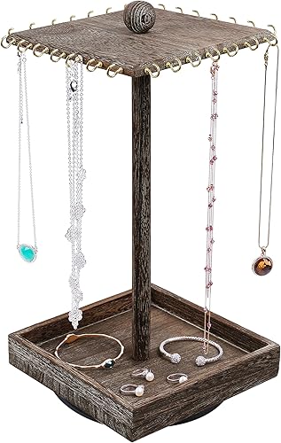 Ikee Design Organizador de joyas giratorio de madera, torre de exhibición de joyas para collar y pulsera, organizador giratorio para collares,