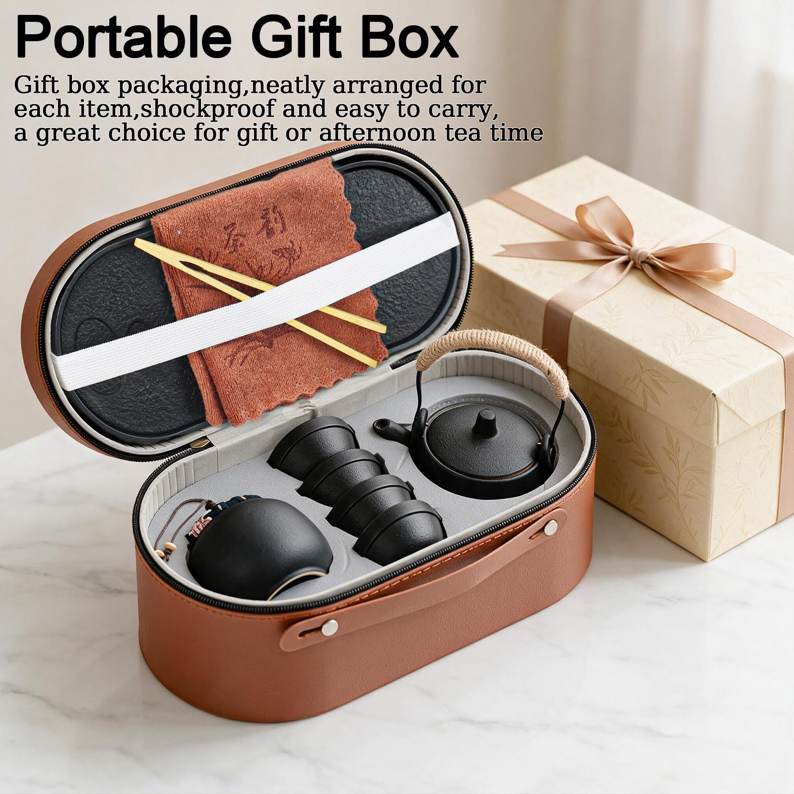 Chinesisches Gongfu-Tee-Set aus Keramik, 10 Stück Teekannen-Set Teeservice | All-in-One-Geschenktüte Teeservice, mit 230ml Porzellan Teekanne, 4er 45ml Keramik Tasse, für Geschenke, Outdoor, Reisen
