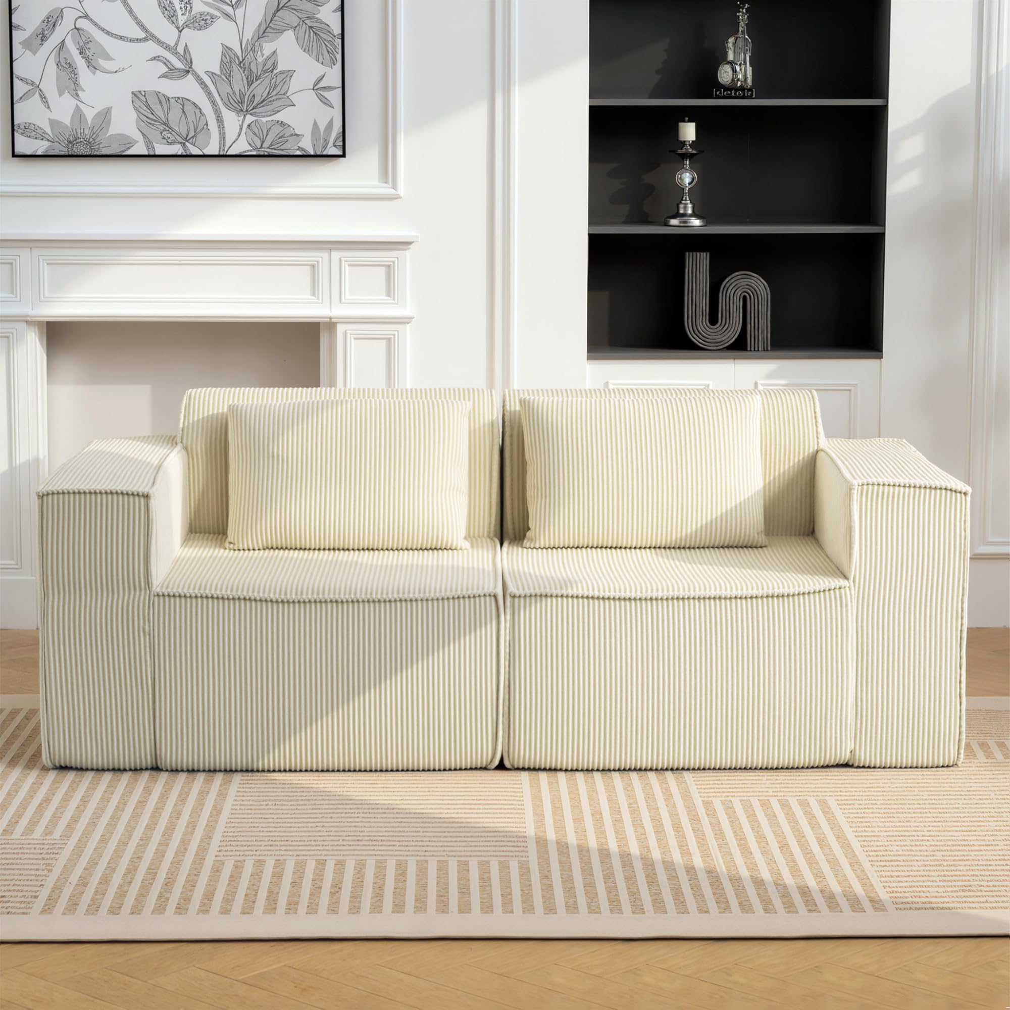 HOMCOM Divano 3 Posti Extra Profondo 65 cm Divanetto Modulare Beige | Senza Struttura, Imbottitura Spessa, Braccioli Larghi, 2 Cuscini, Sofà Moderno in Velluto a Coste, per Salotto e Soggiorno