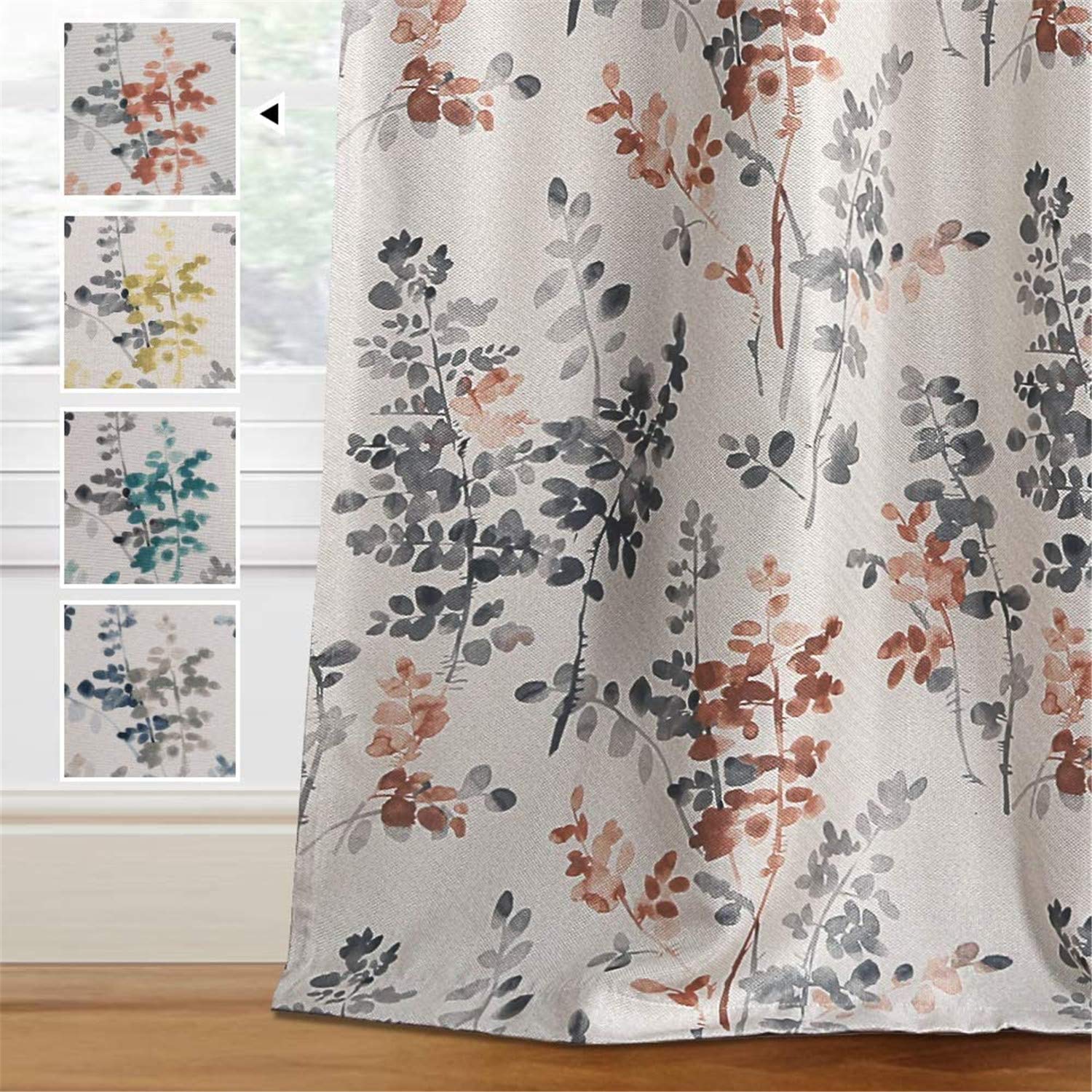 LINFKY Linen Blackout Curtains for Bedroom - Room Darkening Burlap Effect Linen Curtain Draperies for Living Room Vintage Classical Floral Printing Grommet 2 Panel (Grey/Coral,2x52 Wx63 L)