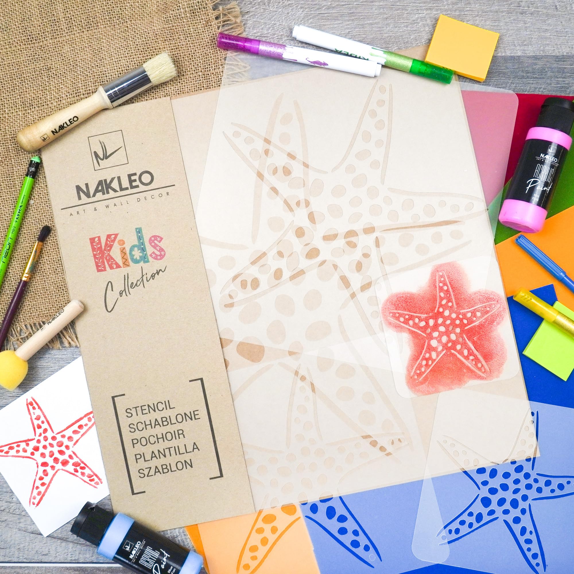 NAKLEO Stencil di Pittura per Bambini, Set di 5 Pezzi da 9x9 a 34x34cm Stella Marina Animale, Modelli Plastica e Riutilizzabili di Stanza Decorazione, Sagome DIY Fai-da-te, Mobili Muro Legno