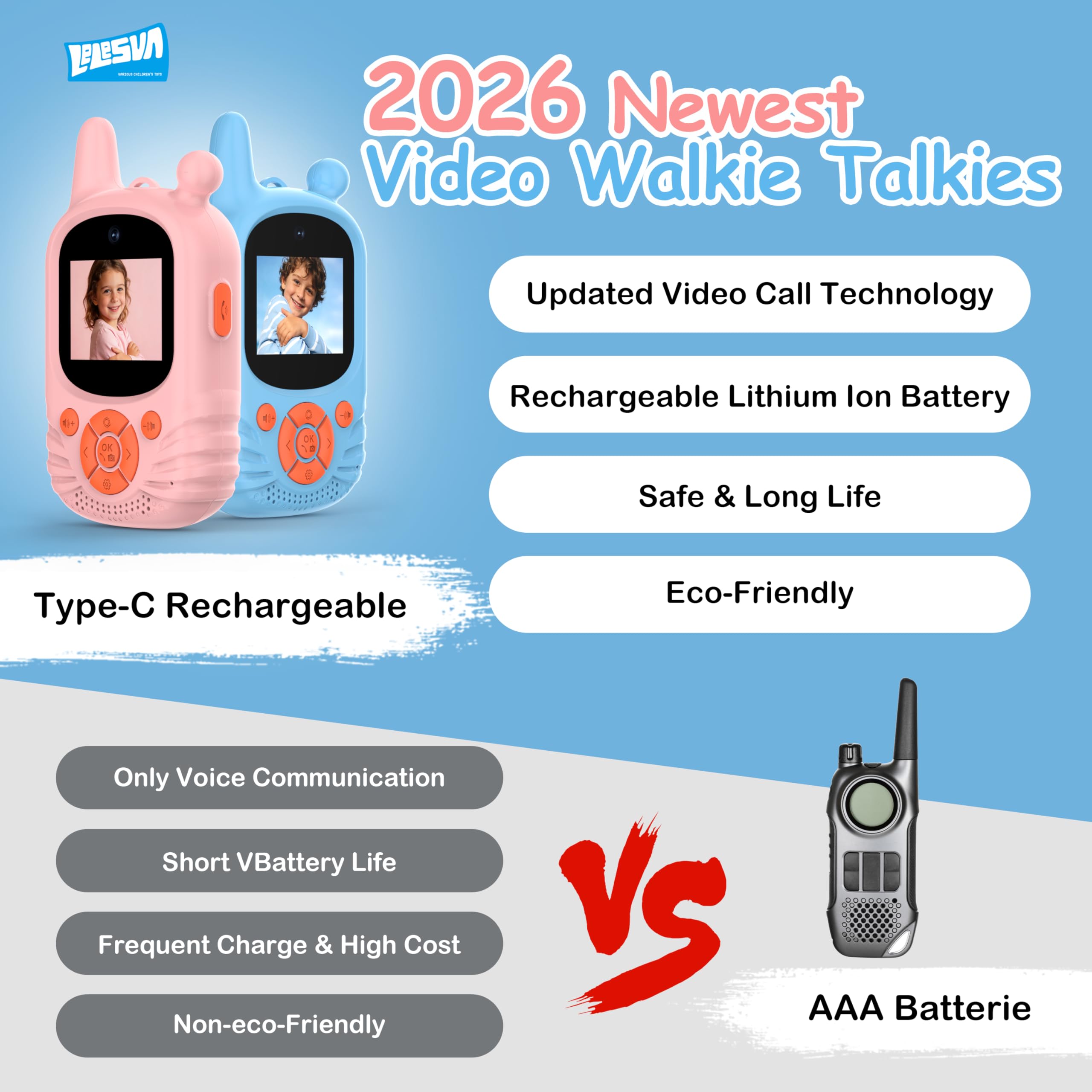 Walkie-Talkies de video para niños, cámara Dual HD, 2 piezas, juguete recargable, walkie talkies, recargable, alcance de 300 m, walkie talkie para niños de 3 a 12 años, regalos para