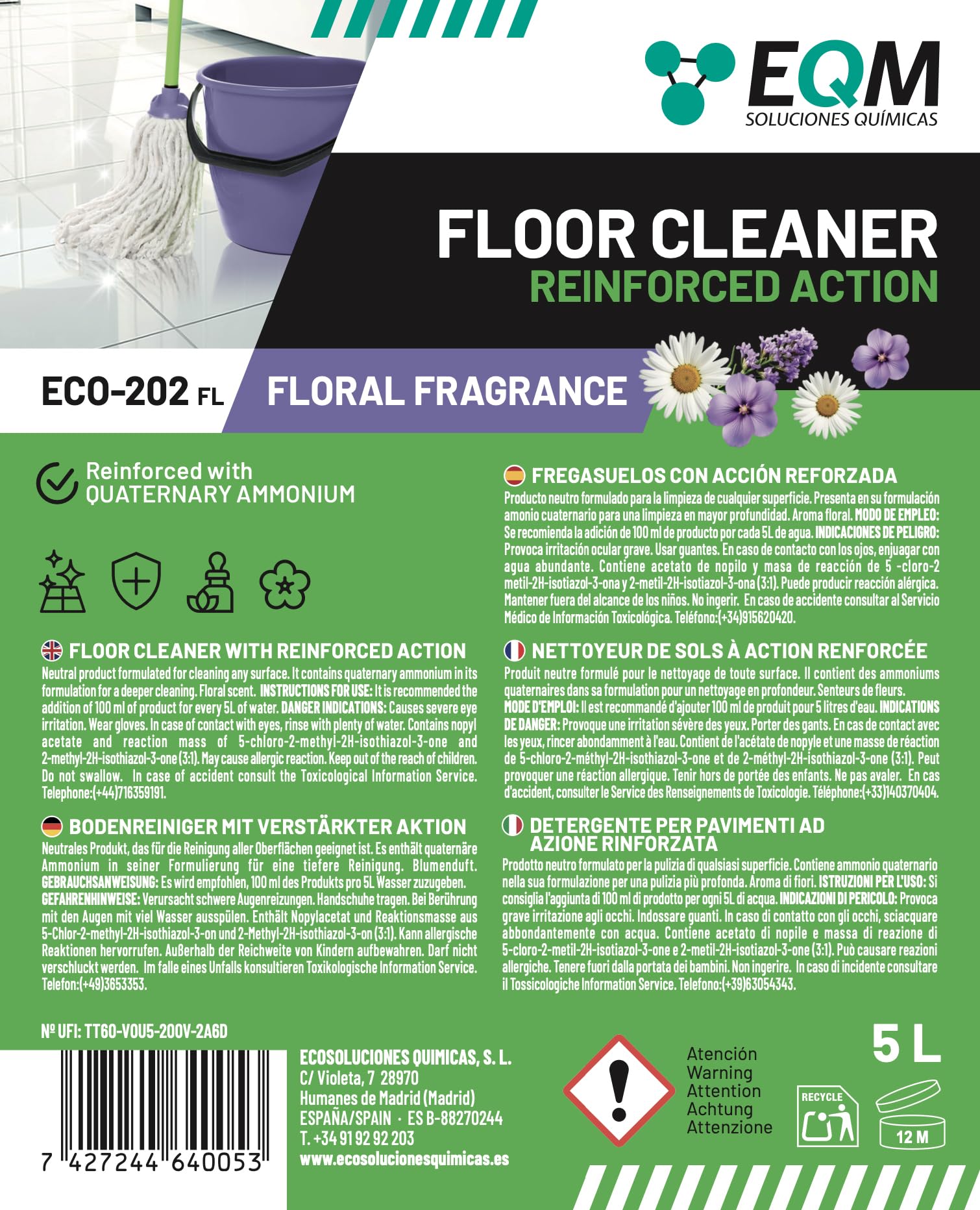 EQM - ECO-202 - Detergente per Superfici Multiple - Azione Rinforzata per una Pulizia Superiore - 5L - Alta Capacità Sgrassante e Deodorante - Aroma Floreale