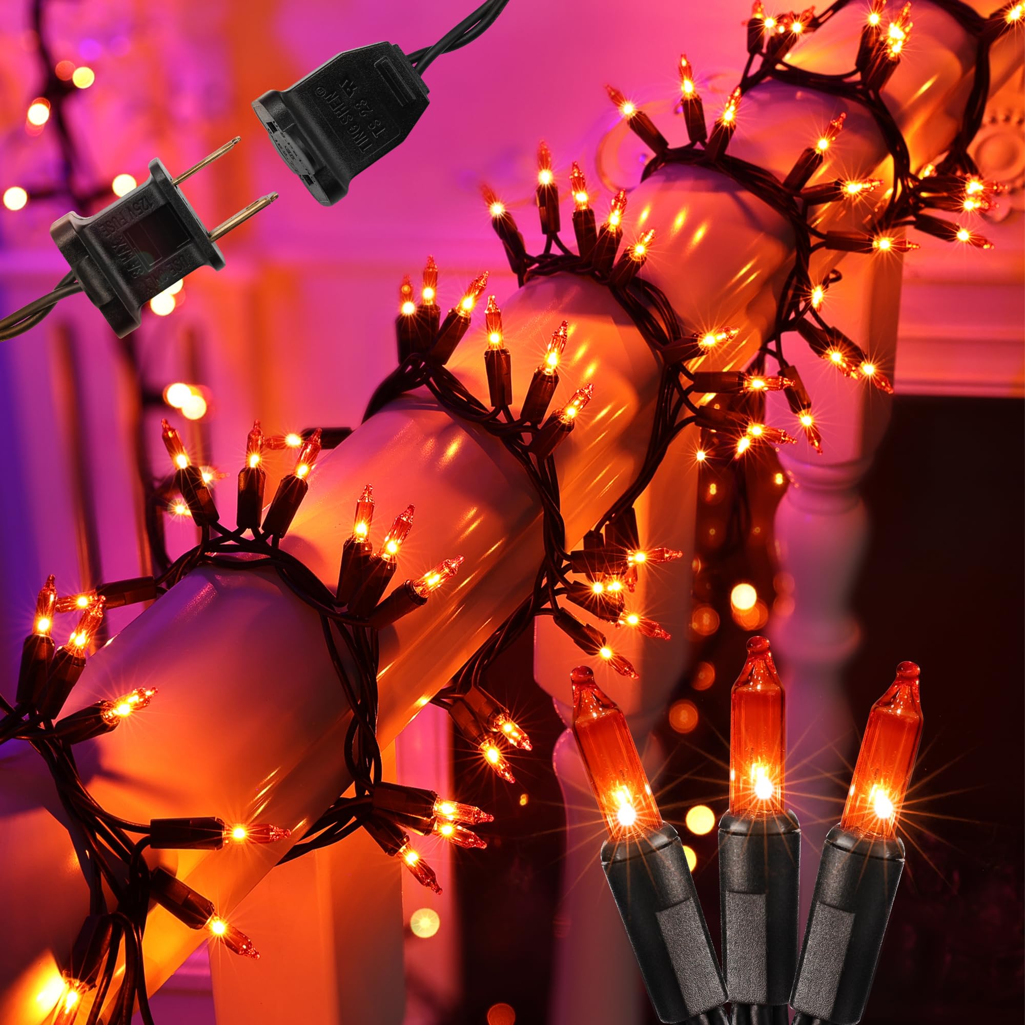 BrizLabs Halloween Lights, 300-ct Incandescent Halloween Garland Lights, Connectable Orange Halloween String Lights, Amber Cluster Halloween Tree Lights Plugin Black Wire for Fall Indoor Outdoor Party