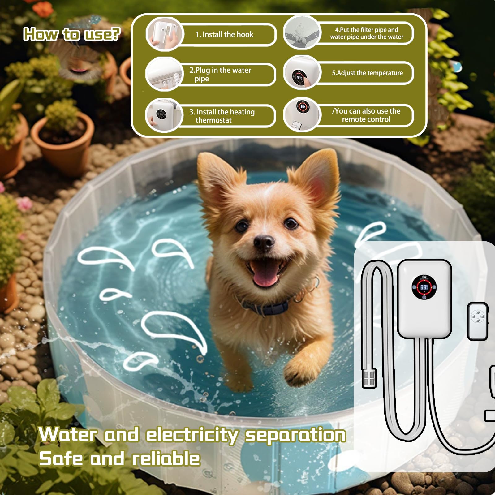 Calentador Agua Electrico, Mantener La Temperatura Entre 16 Y 43 °C, para Piscina Perros, Perros Pequeños Y Medianos Piscina Plegable, Bañera InflableWhite,8.6 * 5.8 * 2.9 Inch