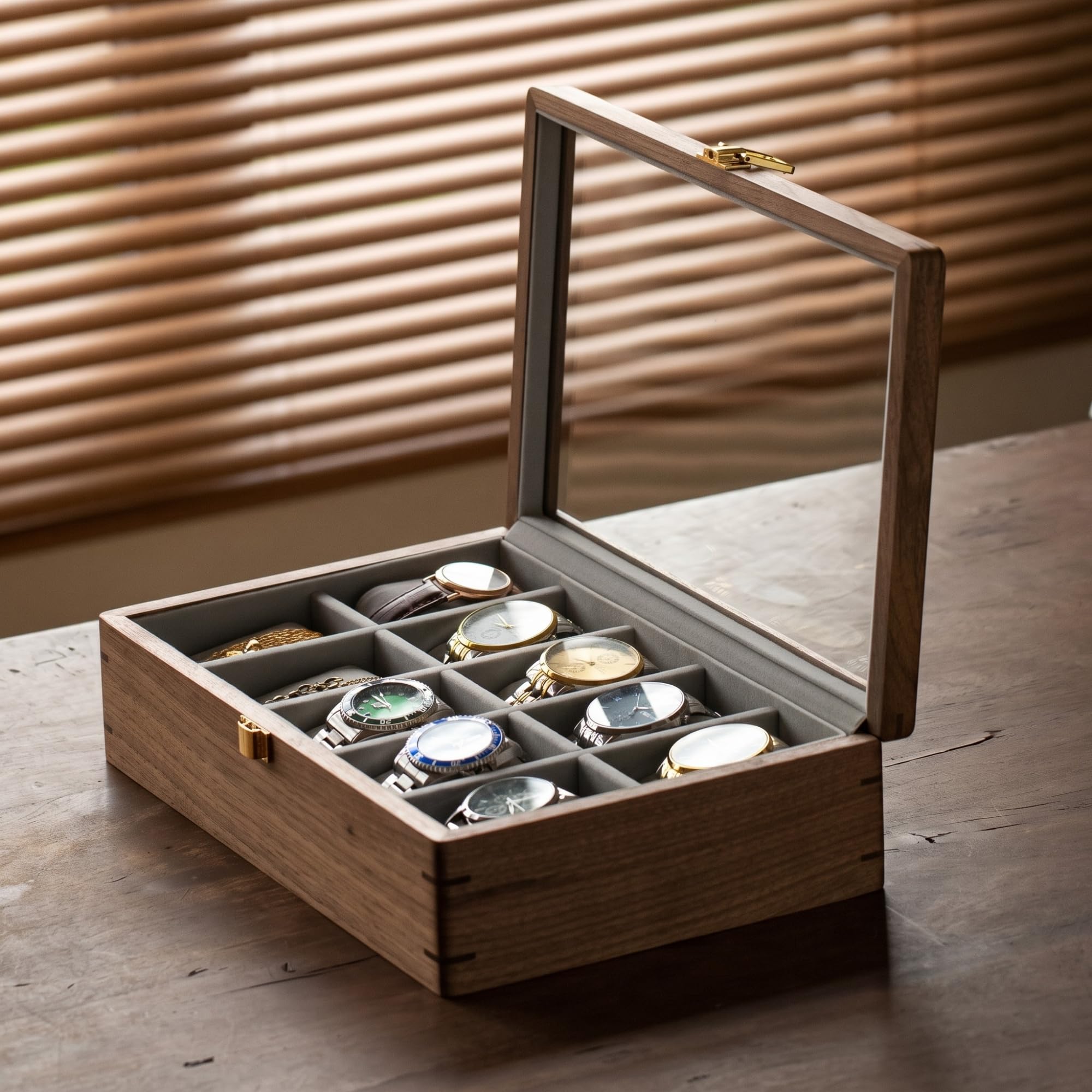 muso wood Boîte de présentation pour montres à 10 emplacements pour homme, boîte de rangement de montres avec couvercle en verre, boîtier de montre avec coussin amovible en velours, cadeau de fête des