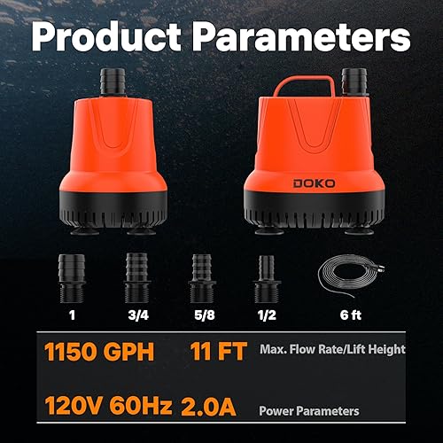 Miniatura 5 de DOKO Bomba de agua sumergible, bomba de agua para tanque de peces de 1150 GPH con cable de alimentación y mango de 6 pies, bomba de estanque ultra
