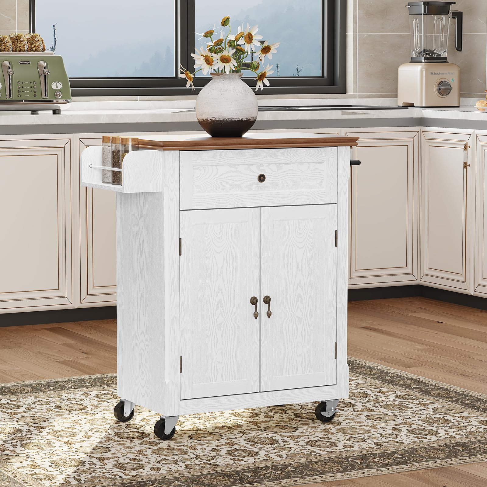 HOLTICO Small Kitchen Island, Kitchen Island on Wheels with Storage Cabinet and Drawer, Vintage Kitchen Trolley with Spice Rack & Towel Rack for Kitchen, Dining Room, White