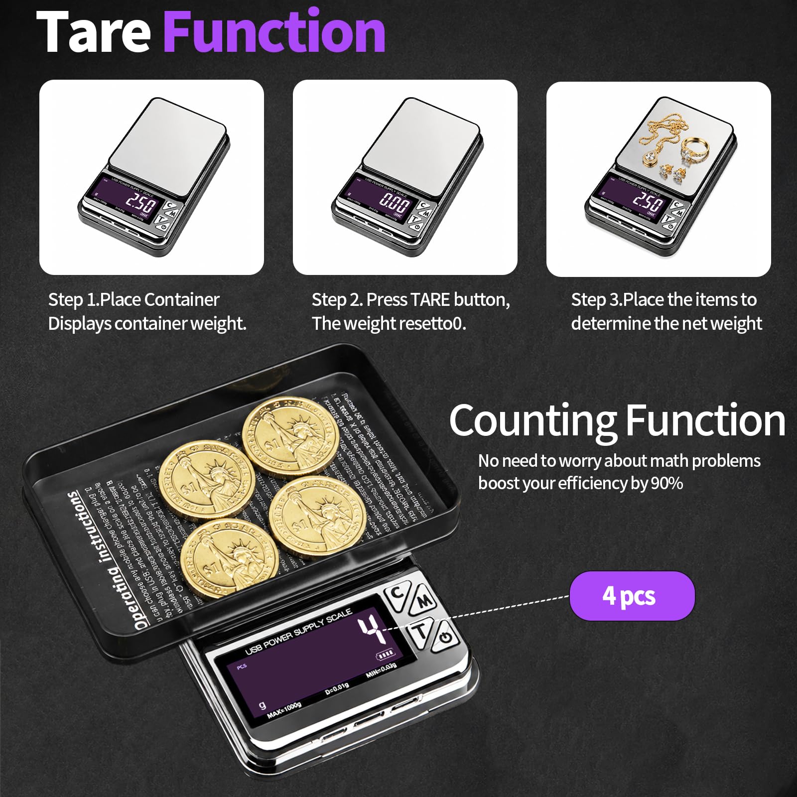 Báscula de monedas, báscula de joyería de 1000 g x 0,01 g con 7 unidades y 3 interfaces de carga, báscula digital portátil de bolsillo para coleccionistas de monedas, joyeros, oro, dólar plateado