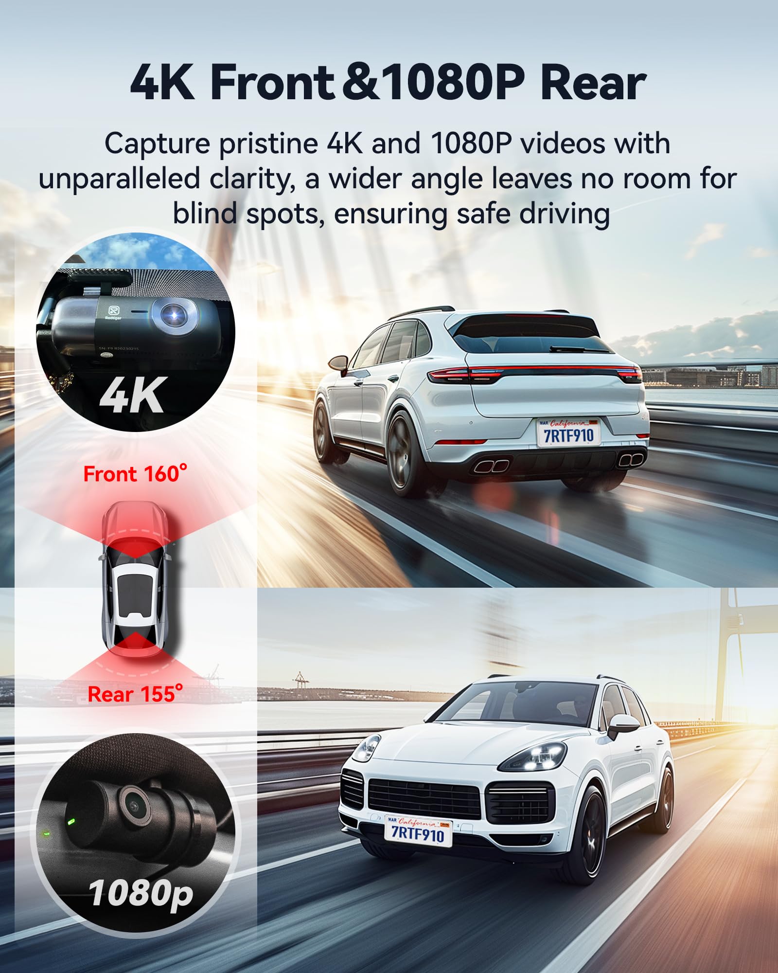 REDTIGER Dash Cam 4K/2,5K przednia i tylna, Dasham samochodowa z WiFi i GPS, nagrywanie w pętli, tryb parkingowy, inteligentne sterowanie za pomocą aplikacji, obsługa 256 GB (F9)