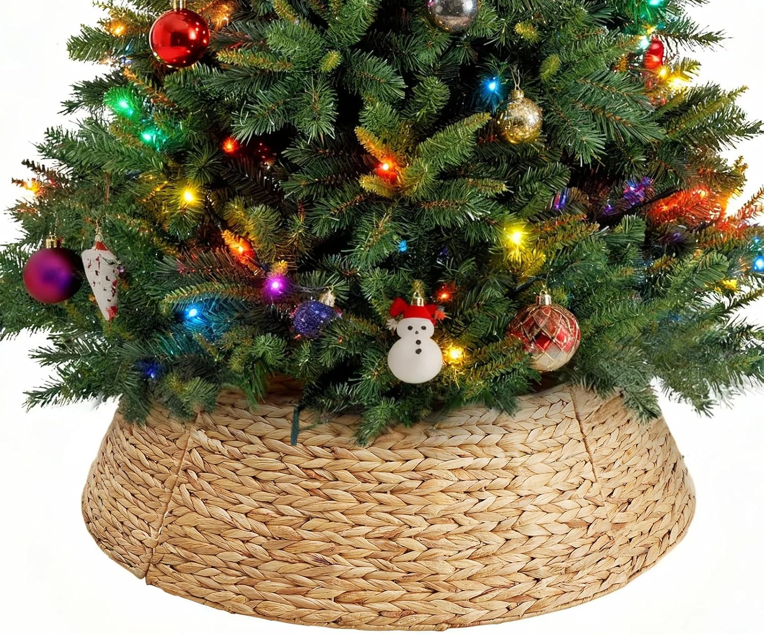 Sweetcrispy 36inch Christmas Tree Collar for 9ft Trees, Woven Hyacinth Rattan 4-Panel Collar w/Cord Access Hole & Easy Lock Design, Natural Natural 36IN