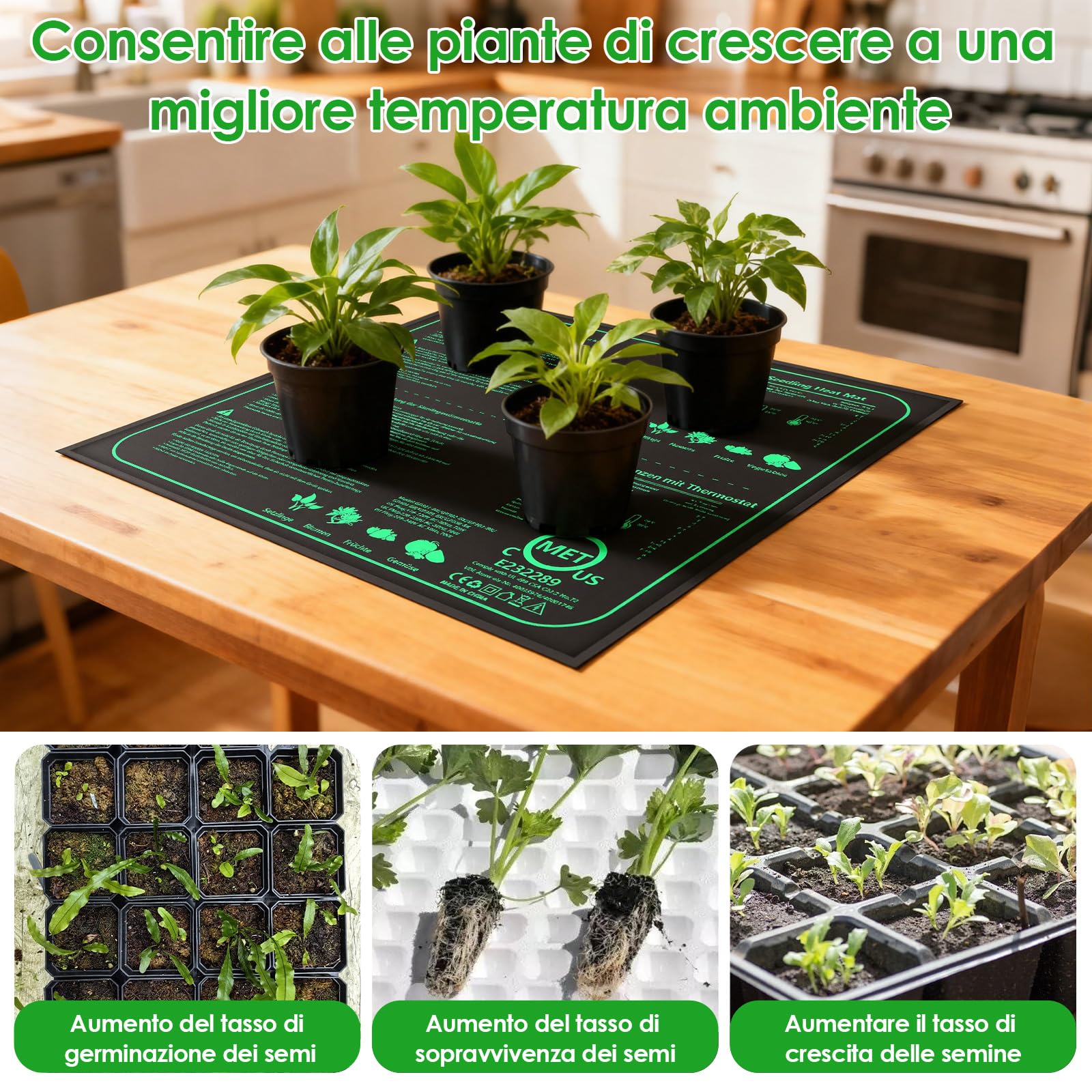 Tappeto Riscaldante 70W con Termostato, 52×50cm Tappetino Riscaldante IPX4 Impermeabile, Filo in Silicone e Cotone Punzonato, Temperatura Regolabile 20-45℃ per Semi, Piante e Rettili
