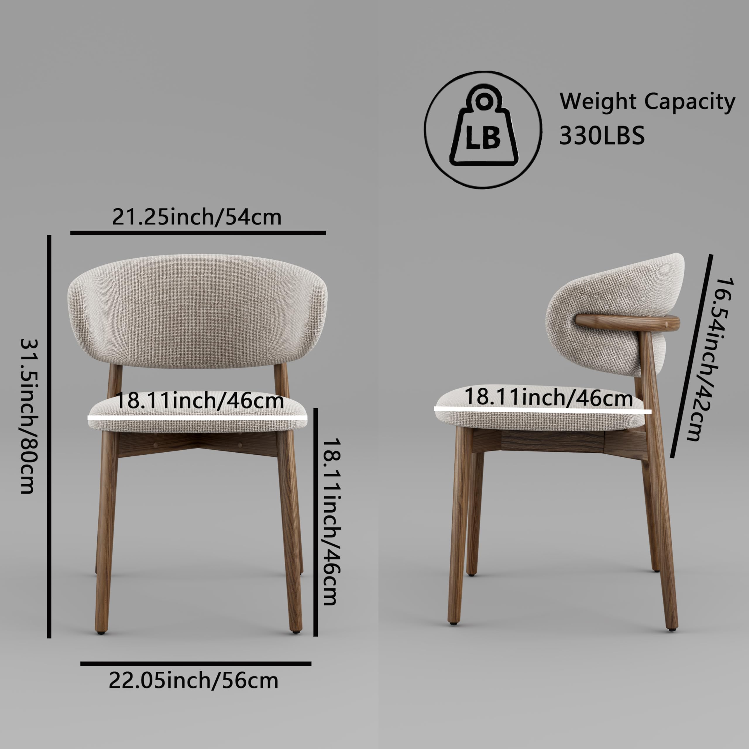 Zestaw 2 nowoczesnych krzeseł do jadalni z litego drewna z zakrzywionym ergonomicznym oparciem tapicerowanym siedziskiem z naturalnego orzecha włoskiego i regulowanymi antypoślizgowymi podkładkami pod