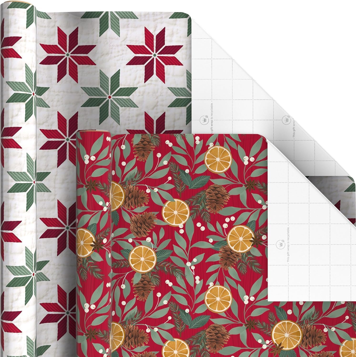 Scotch Magic Greener Tape and Hallmark Recyclable Christmas Wrapping Paper Rolls (12 Rolls of Tape with Set of 6 Gift Wrap Rolls) Red and Green, Deer, Mittens, Citrus, Quilt, Plaid
