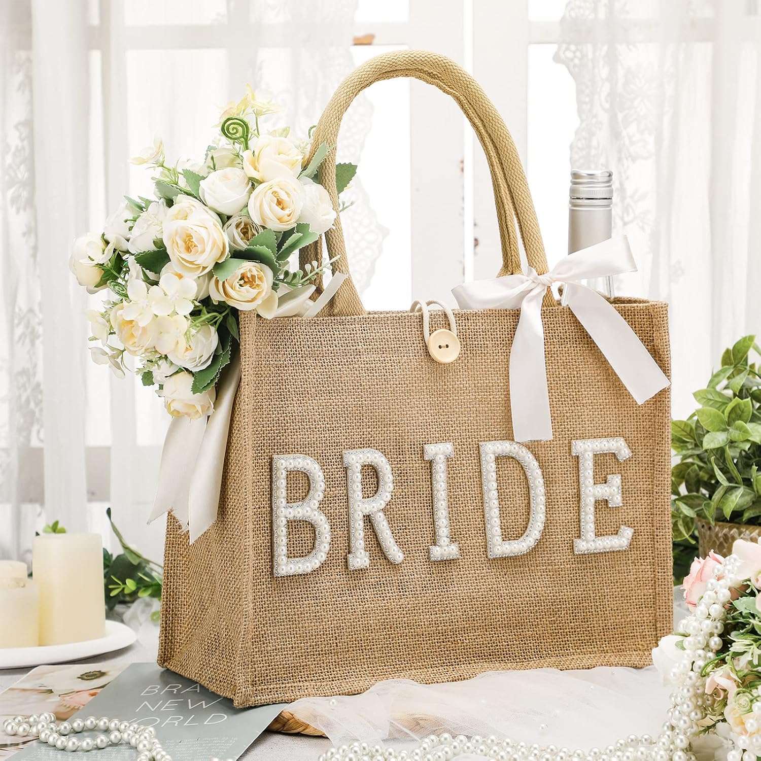 Silkfly Wedding Bride Bag Natural Jute Tote with Ribbon Bride Gift Bag with Handle for Shower(Silver Edges,Bride) - Image 7