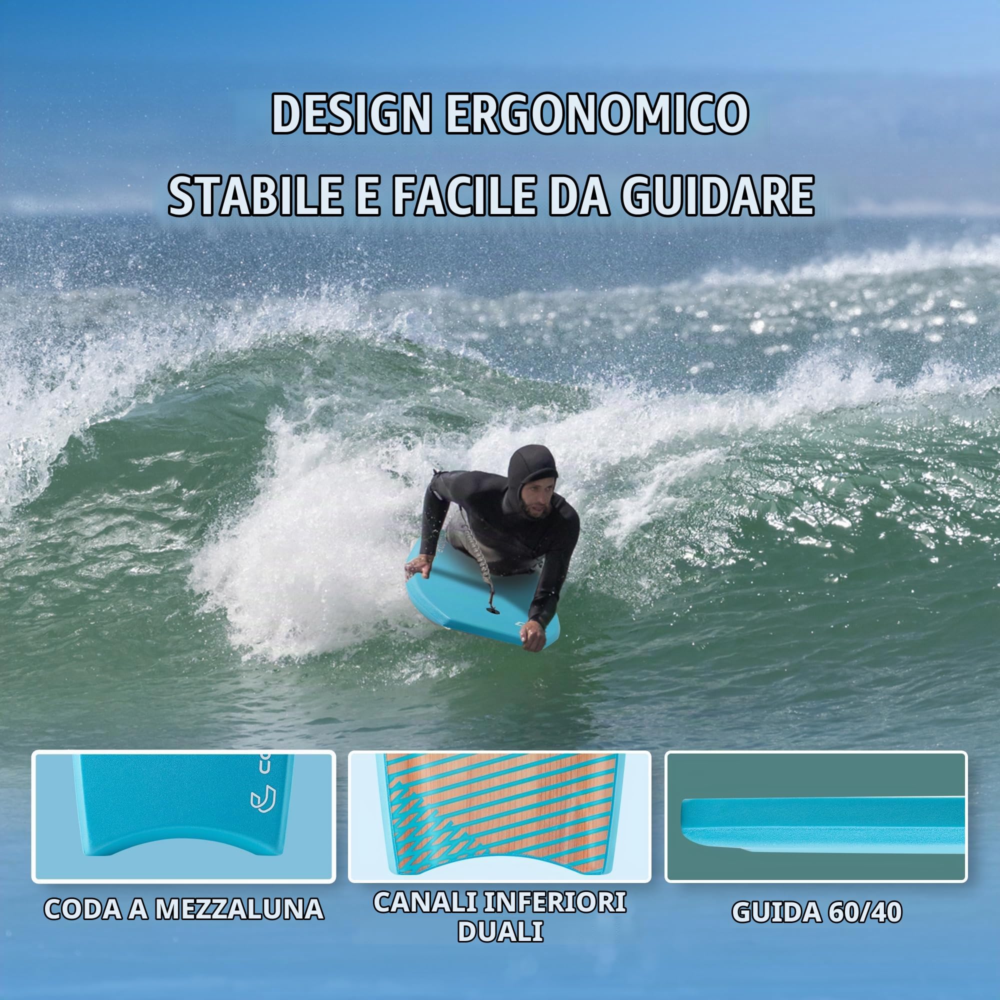 Ondulazione 39 '' Bodyboard leggero durevole EPS Core IXPE Deck HDPE Slick Bottom FRP Stringer Crescent Tail Dual Channel Plastic Mesh con doppio acciaio inox girevole a spirale polso