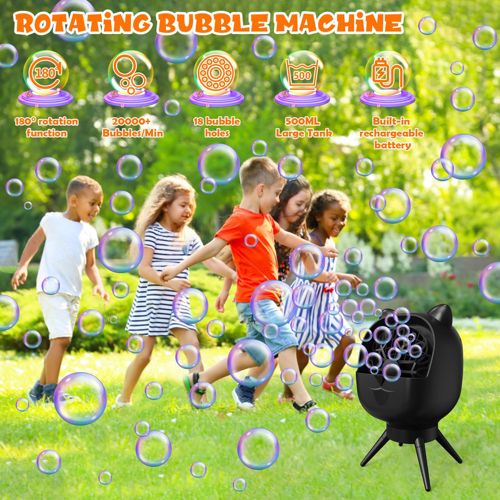 PANACARE Rotierende Seifenblasenmaschine, Automatische Seifenblasenmaschine 20000+Blasen/Min|Rotating 90°/180°|500ML Tank|Wiederaufladbare Akku|18 Löcher für Geburtstag, Party, Hochzeit