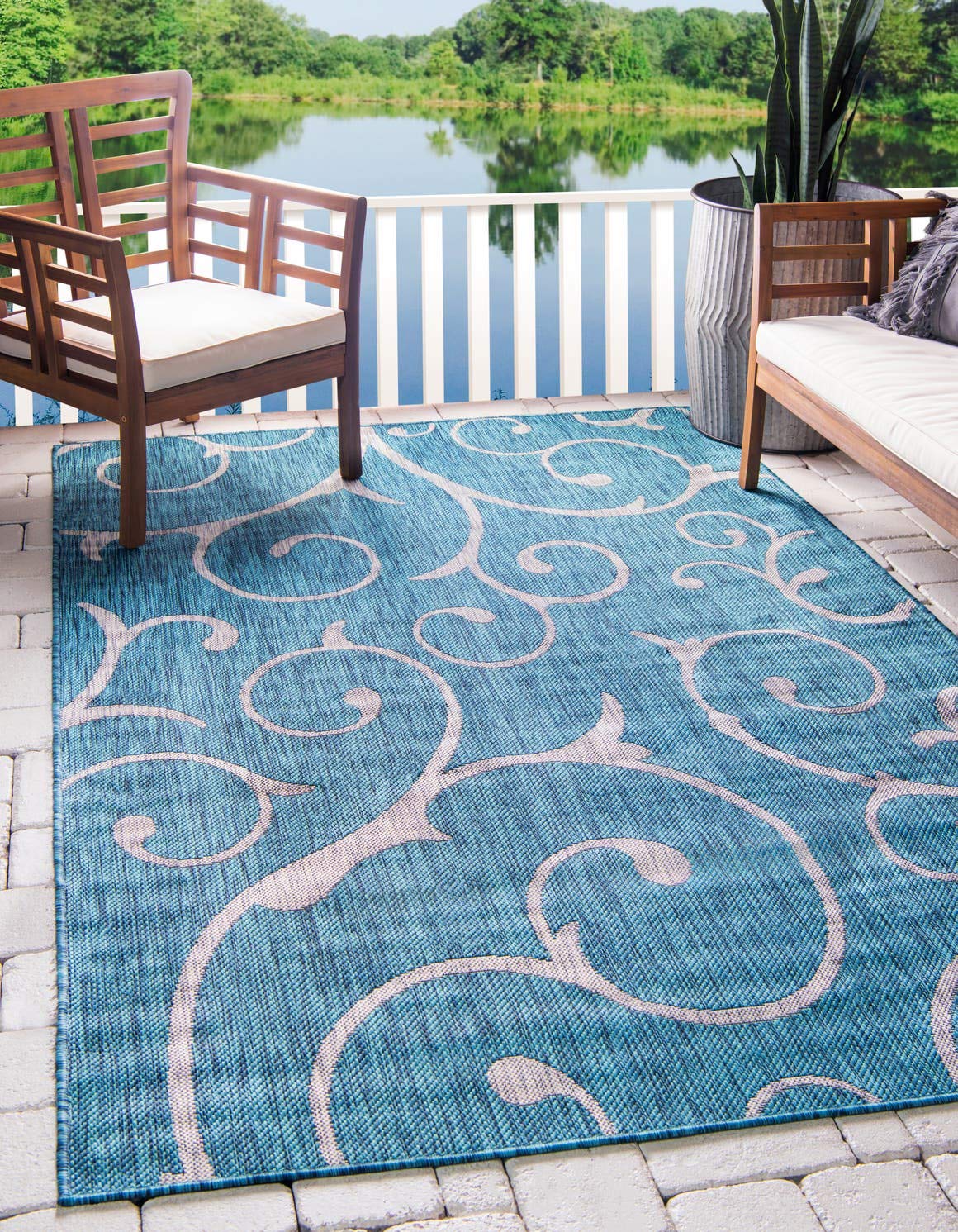 Unique Loom Outdoor Botanical Collection Area Rug - Curl (7' 1" x 10' Rectangle, Teal/ Ivory)