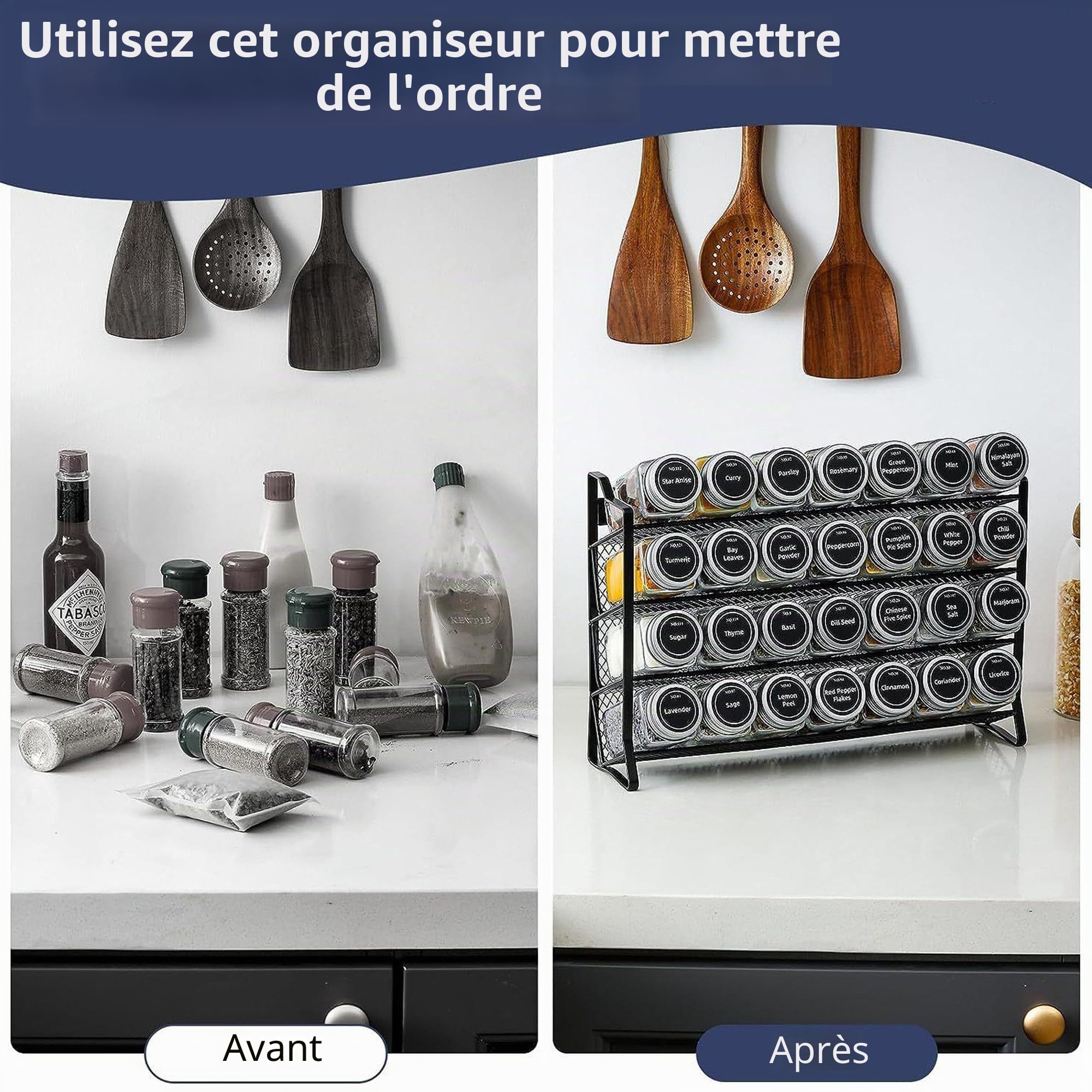 Étagère à épices debout et murale - Organiseur de cuisine avec 28 pots à épices et 180 étiquettes à épices - Organiseur pour cuisine, plan de travail, armoire, garde-manger