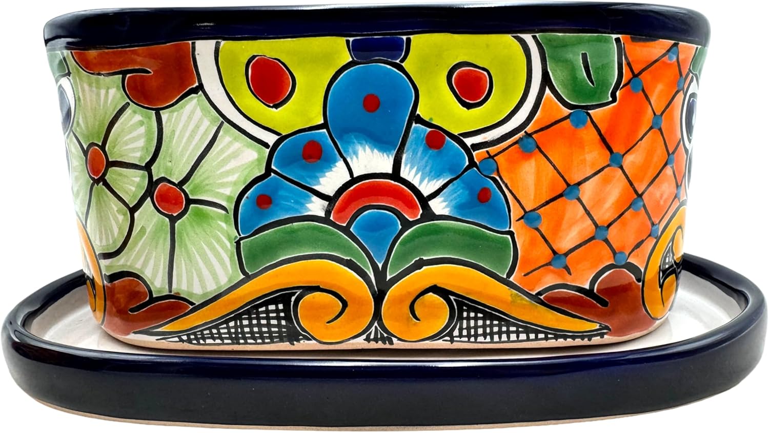 Talavera Planter Window Pot w/Saucer Folk Art Indoor Outdoor Mexican Pottery Home Decor Multicolor Handmade Made in Mexico Ceramic Length 11.25 (Multi 5)