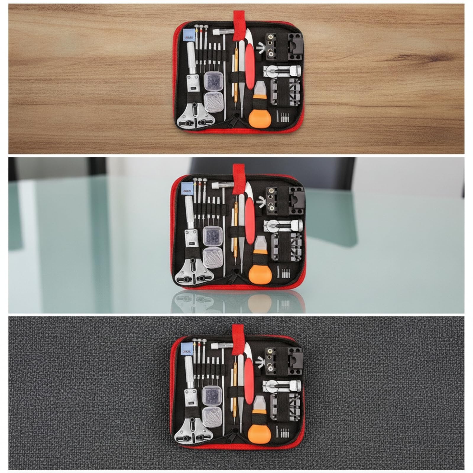 MERIGLARE Outils de Réparation Montre Trousse Organisée Kit Matériel Accessoires Acier Inoxydable avec Ouvre‑Fond Chasse‑goupille Tournevis Pinces Poches sur