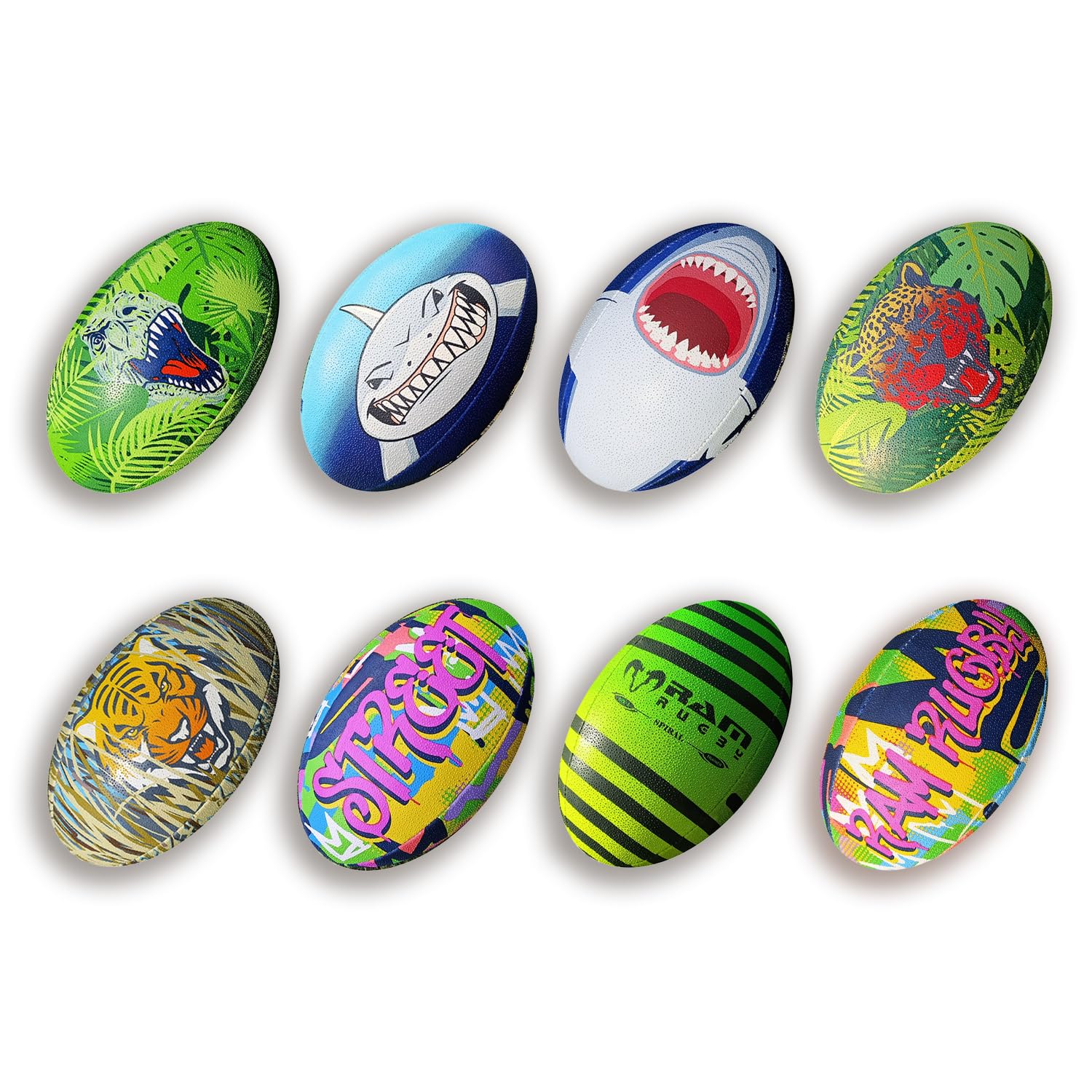 Ram Rugby Lustige Tierdesigns in Clubqualität, Dinosaurier, Hai, Tiger, Jaguar – Squad Training Rugbybälle – Größe 5, 4, 3 und Mini – 3-lagig, 3-D-Griff – Junior-Kinder Mini Jugend Erwachsene