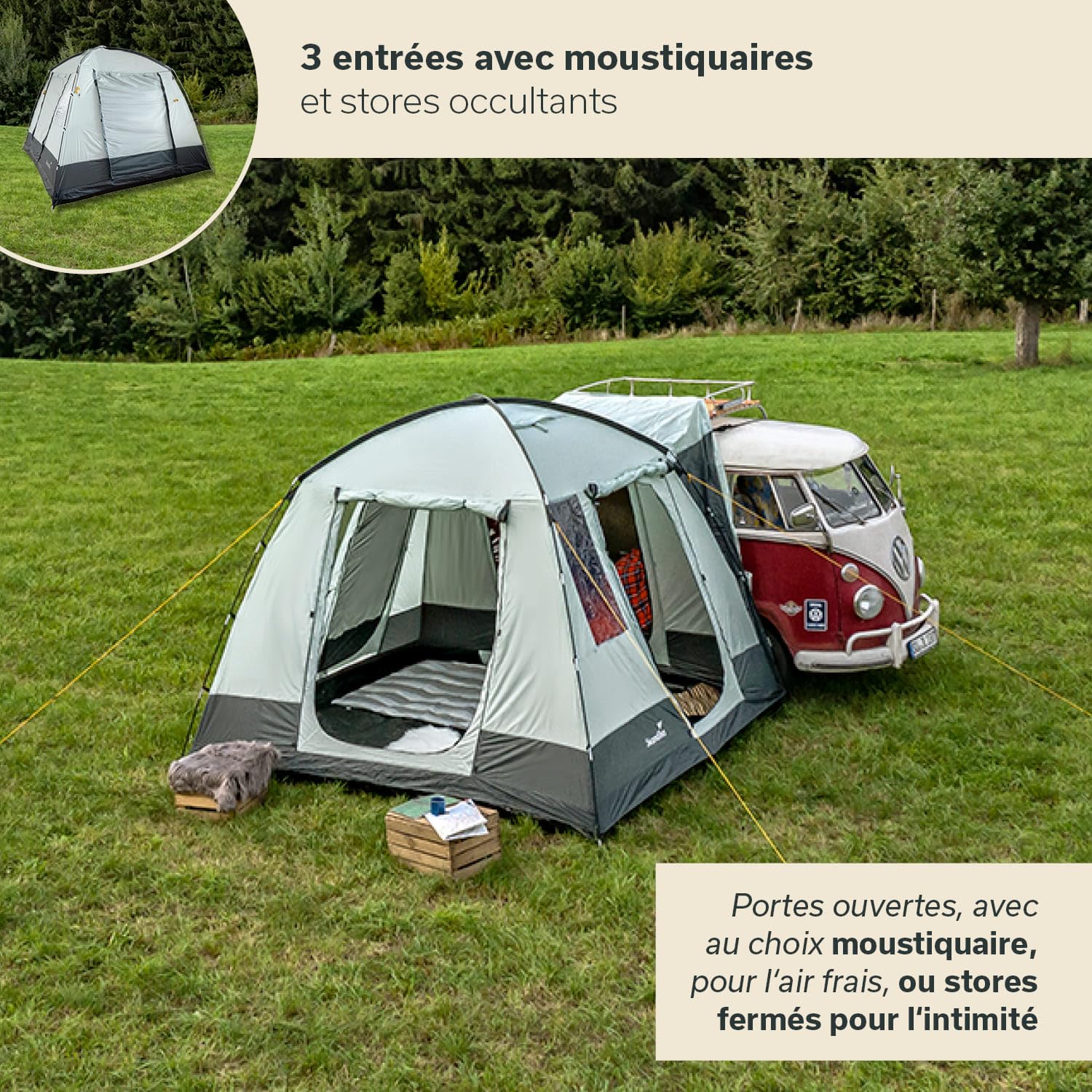 Skandika Auvent pour Bus Pitea Van | pour 4 Personnes, autoportant, Sol Cousu, Hauteur 2,2 m, Grandes fenêtres, étanche, Colonne d'eau 3000 mm, moustiquaires, 3 x 3 m, Tente dôme pour Bus, Caddy