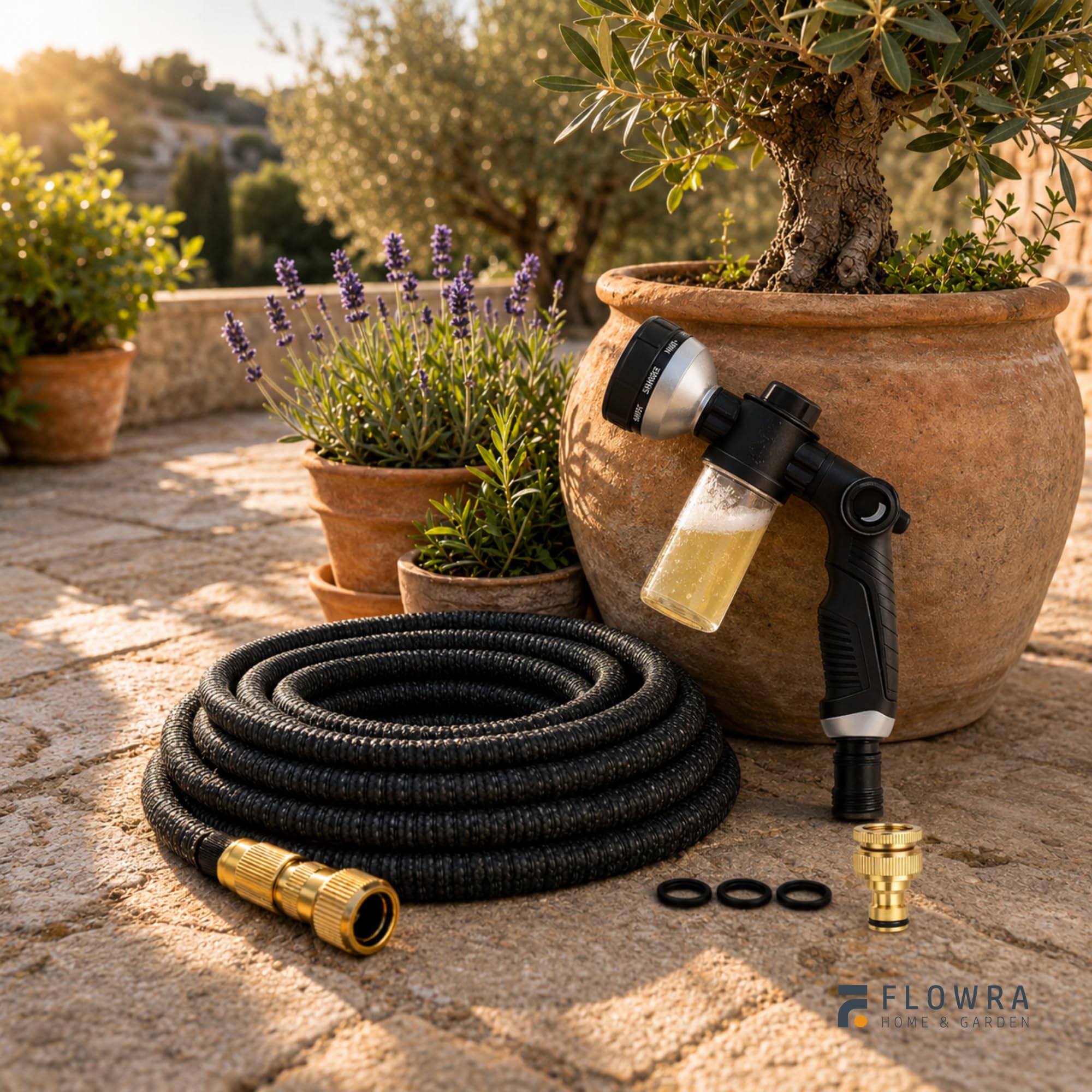 Manguera extensible de 15 metros, manguera jardin extensible de poliéster resistente 3300D, con conectores de latón y pistola con depósito de jabón, incluye set con colgador y bolsa de almacenaje
