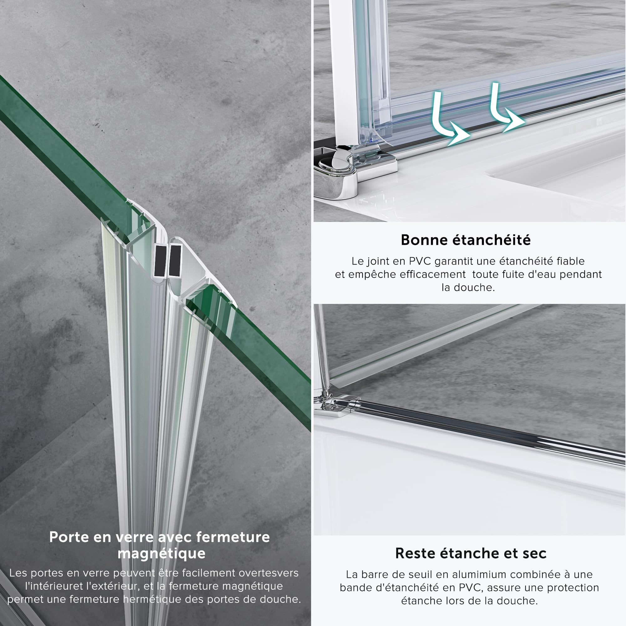 doporro Double porte de douche transparent 90cm Paroi de douche à l'italienne autolevante pivotante 90x195cm Teramo24 verre ESG Nano anti-calcaire