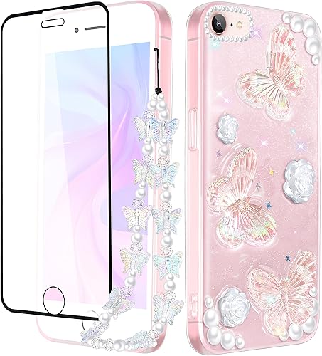 Goocrux Funda 3 en 1 para iPhone SE78 diseño de mariposa 3D, purpurina, brillante, cristal, estilo lindo femenino, cadena y protector de pantalla